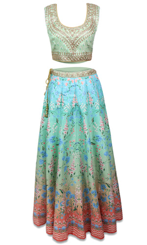 Blue, sliver/red ombre lehenga with glittery beads and crystals