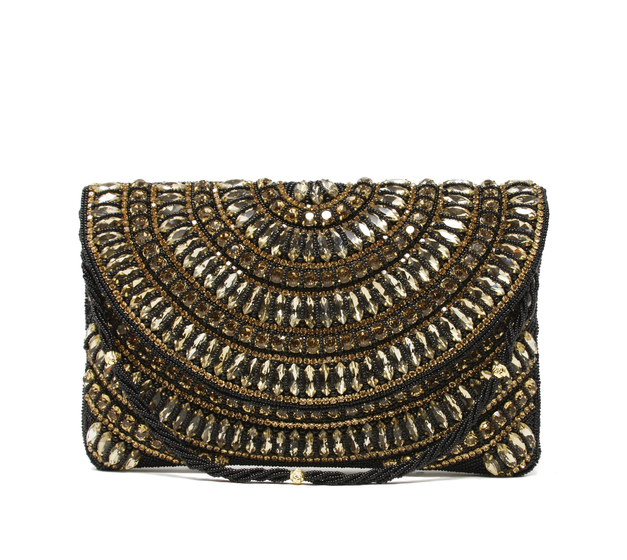 Sparkly gold & black clutch  evening bag. Covered with beads & crystal with black twisted beaded wristlet.