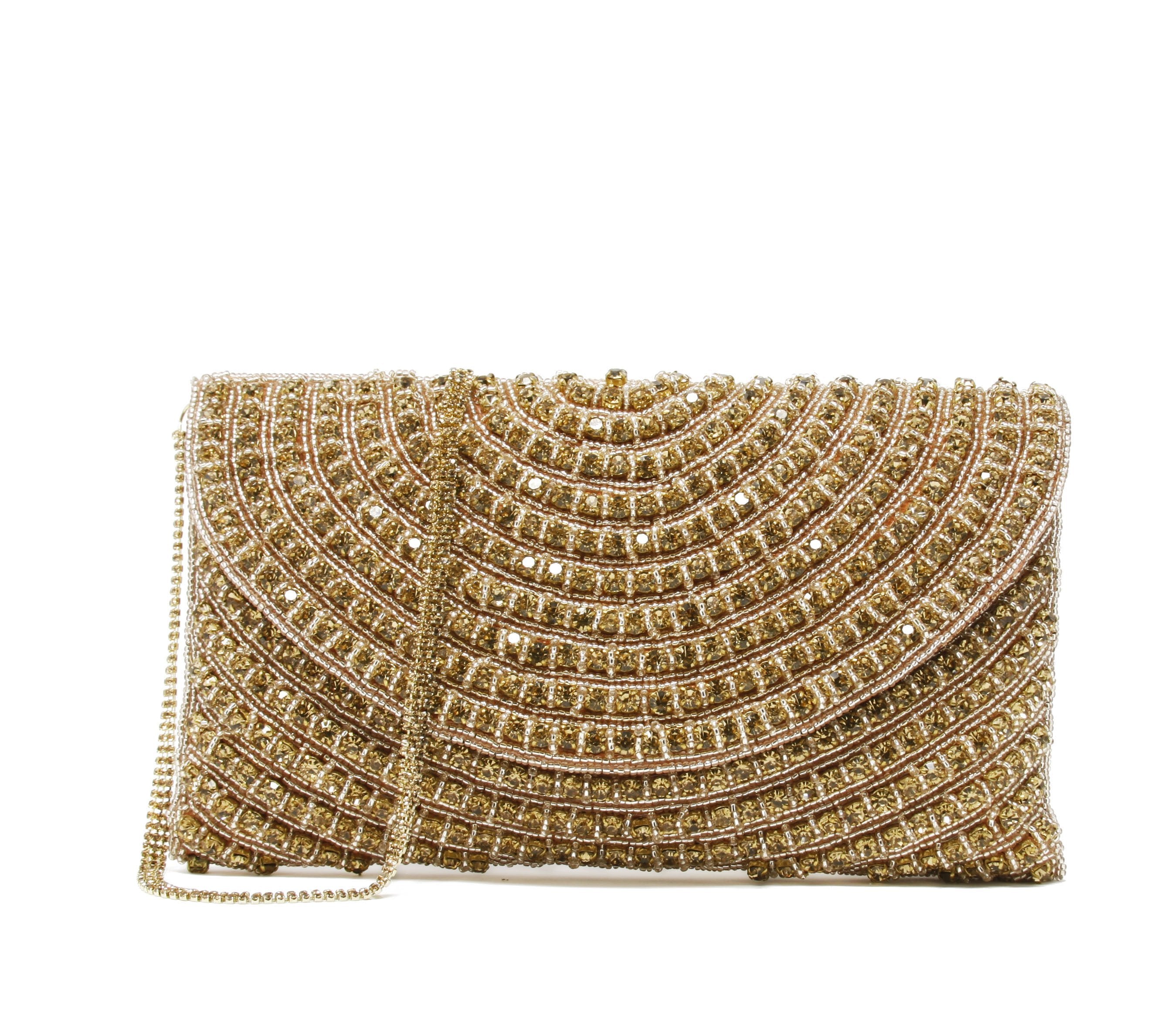 Sparkly champagne rose gold clutch Embroidered with beads, rhinestones, and crystals