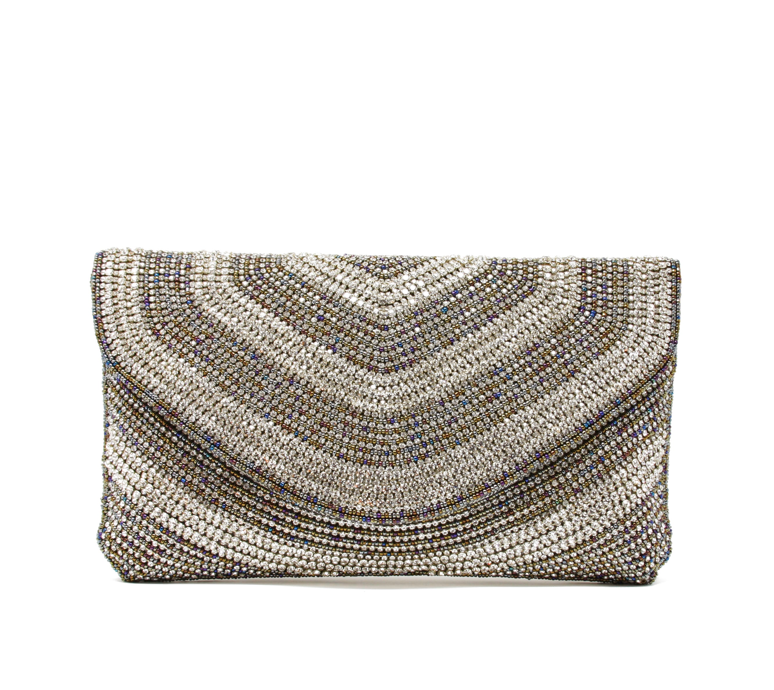 Gold and silver clutch and evening bag Covered with multi-colored beads, with inside pocket.