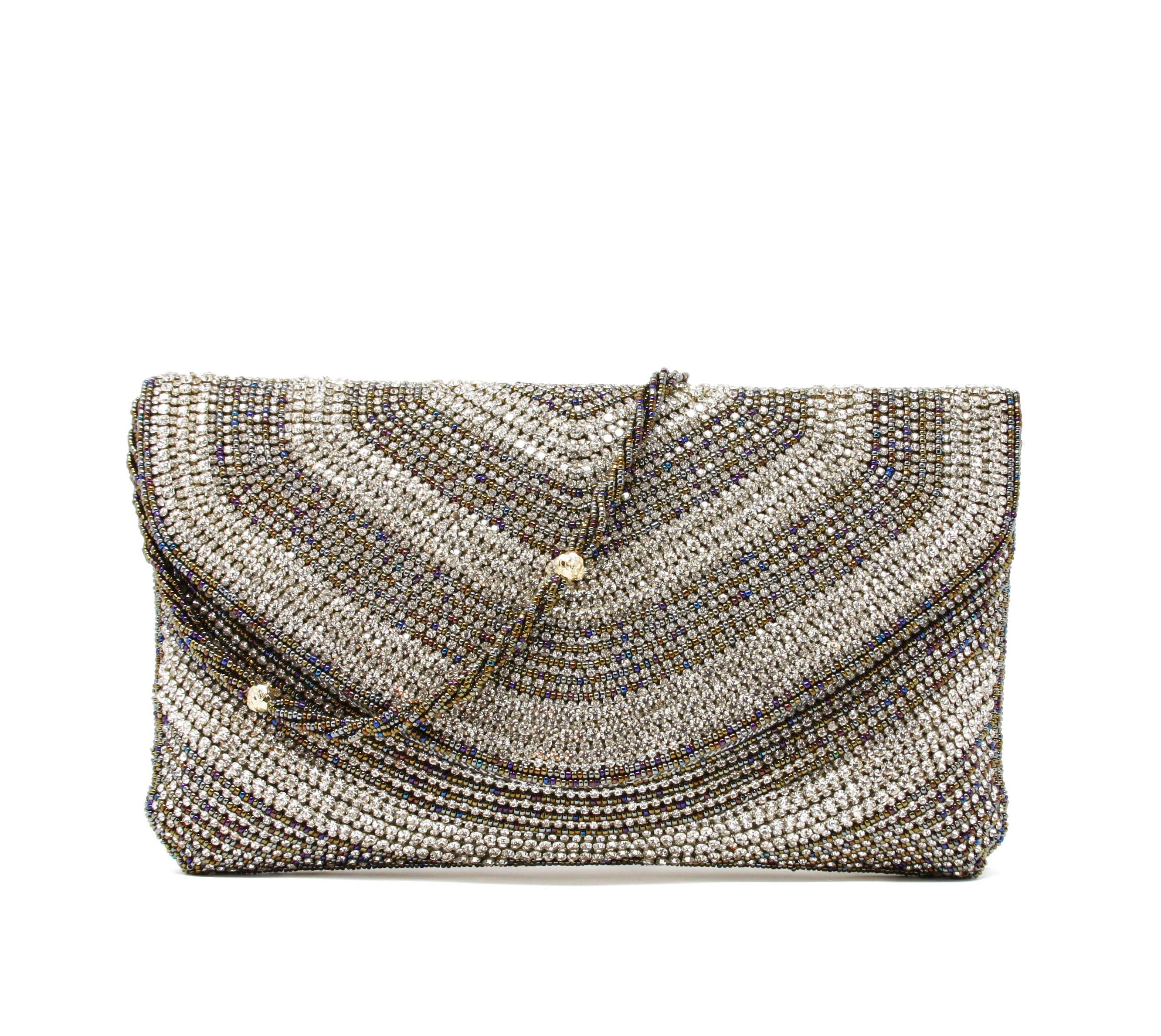 Multi-colored beaded twisting wristlet in Gold and silver clutch. fold-over snap closure.