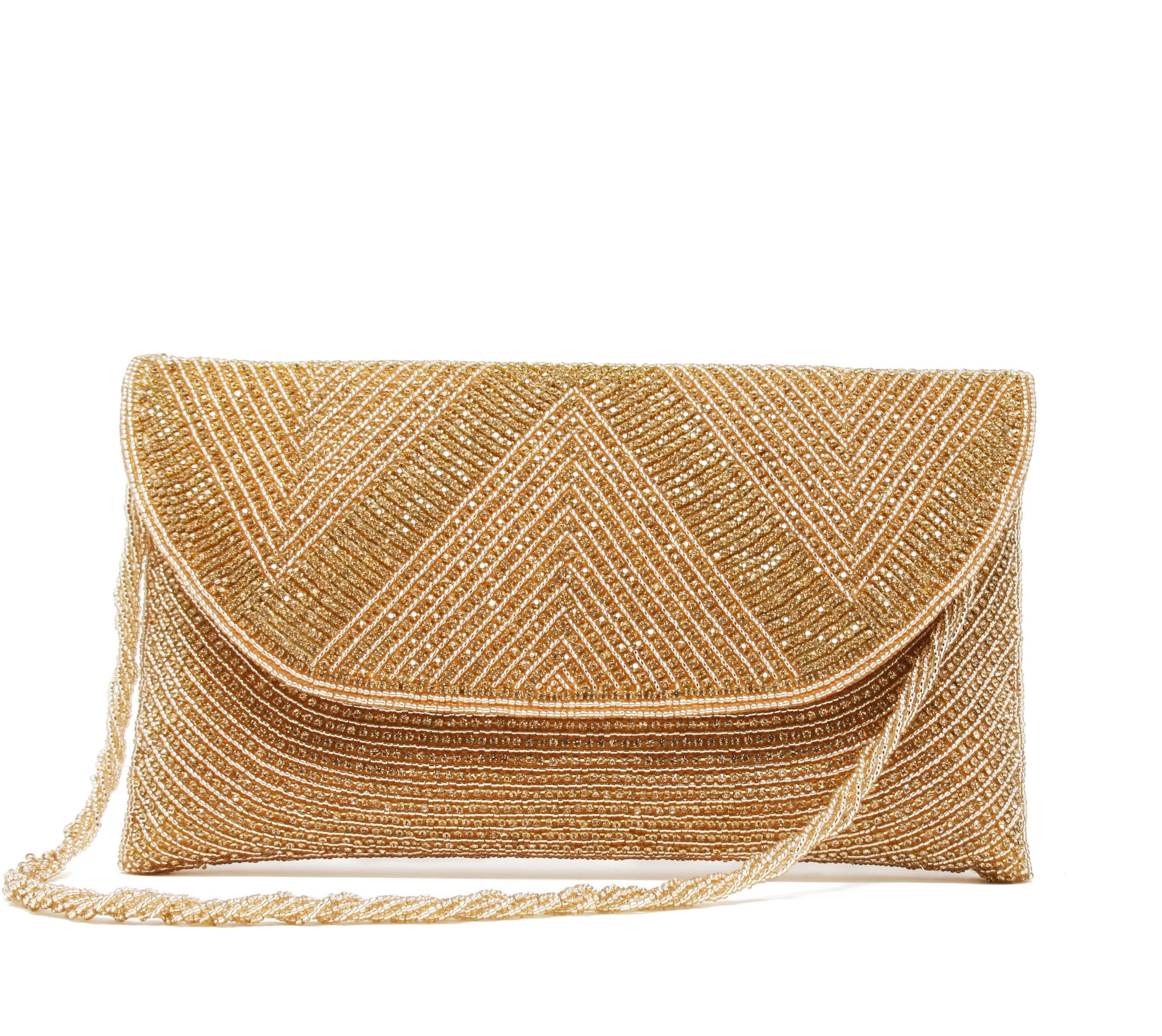 Gold clutch Back is covered with tiny rose-gold beads, fold-over snap closure.