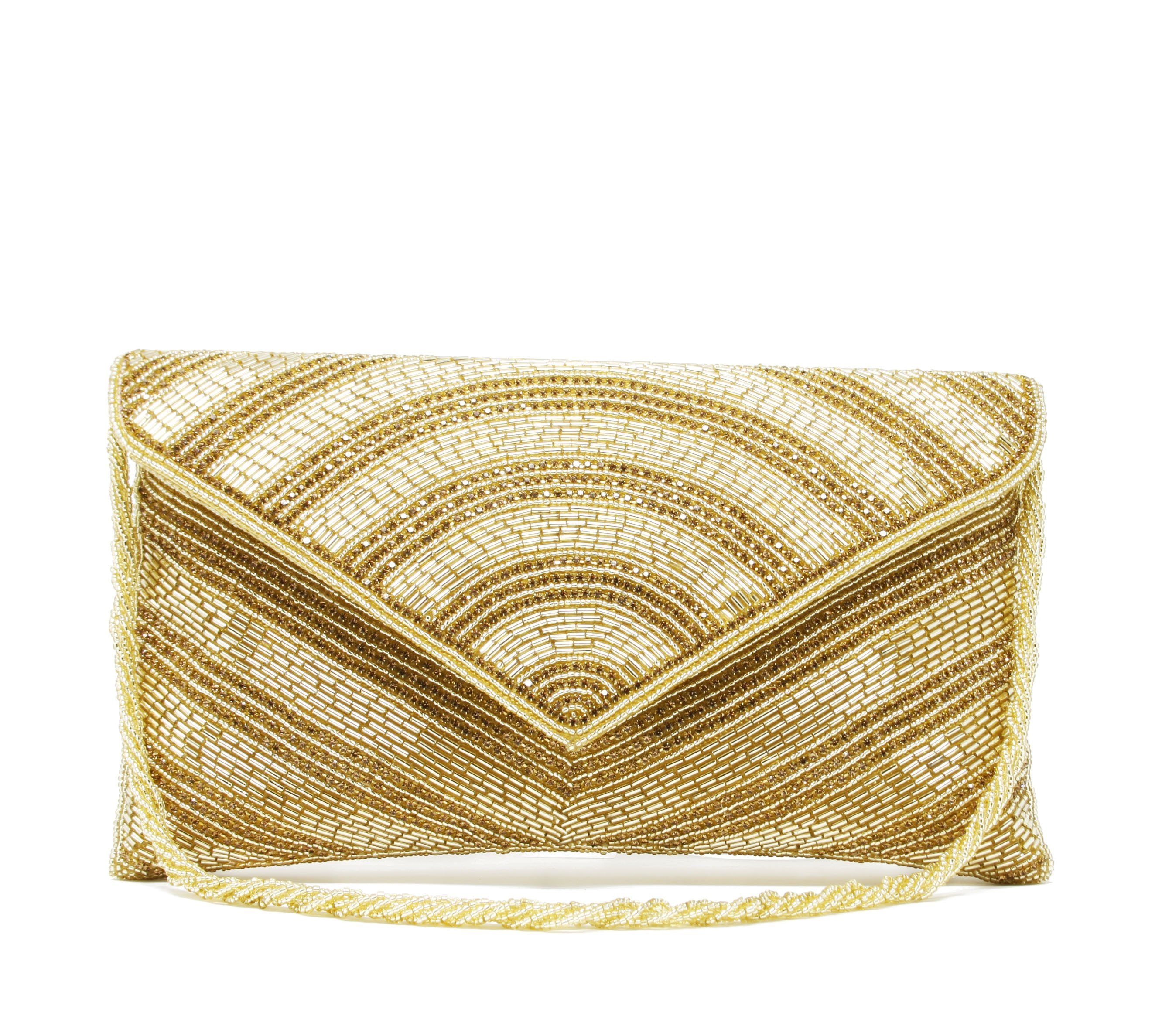 Cream beaded twisting wristlet, fold-over snap closure Covered with gold beads, rhinestones, and crystals.