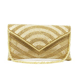 Cream beaded twisting wristlet, fold-over snap closure Covered with gold beads, rhinestones, and crystals.