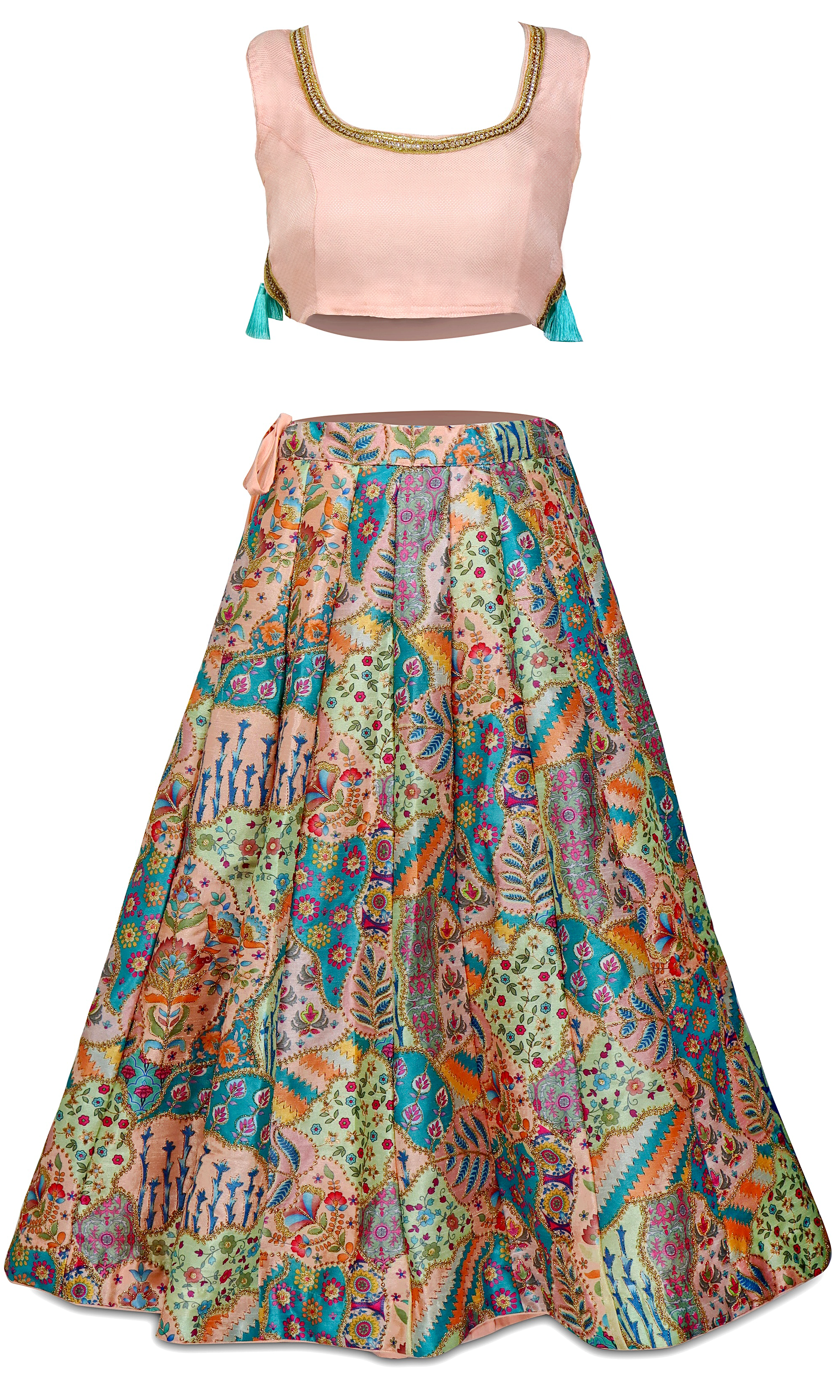 Lehenga skirt that has intricate floral designs and patterns filled with beautiful colors paired with blouse that has gold and silver embroidered border