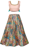 Lehenga skirt that has intricate floral designs and patterns filled with beautiful colors paired with blouse that has gold and silver embroidered border