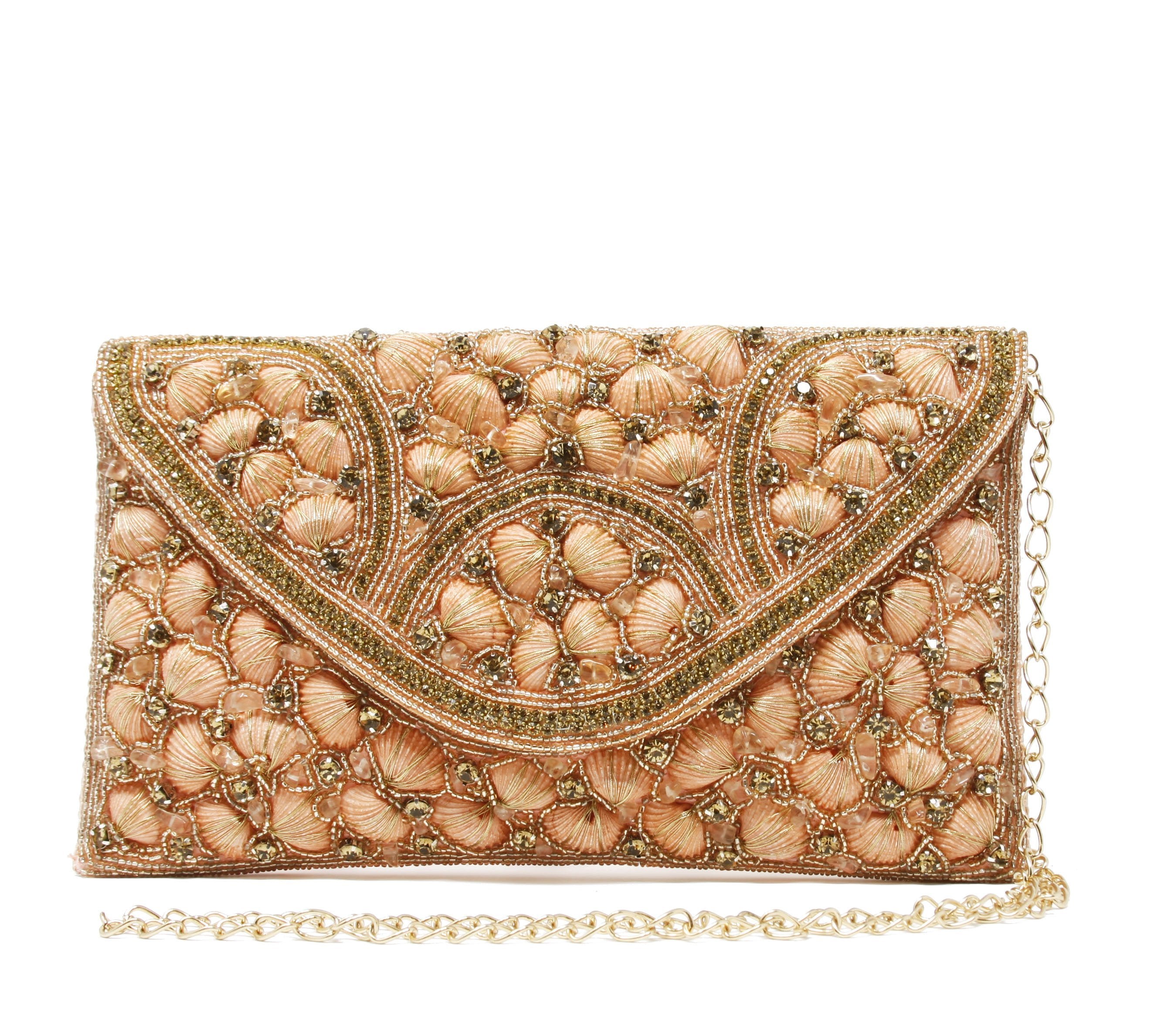 Sparkly gold and peach clutch Embroidered with rhinestones & has inside pocket
