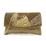 Beige clutch with patches of gold and shades of brown, & has a Gold chain strap for crossbody wear