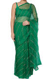Pre-stitched emerald green saree with silk organza base & matching green satin blouse