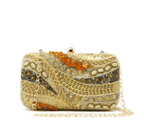 Multi-color Sparkly Gold Clutch, fold-over clasp closure. With Gold chain strap 