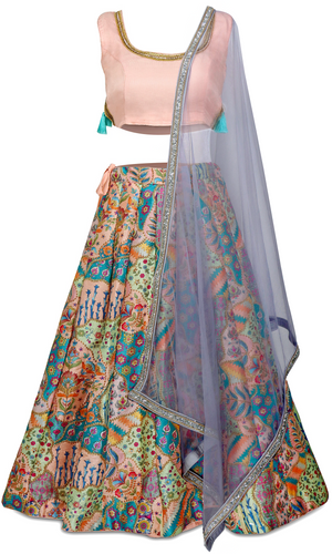 Stunning midi length skirt custom piece paired with a gorgeous light pink crop top and purple dupatta (shawl) filled with beautiful colors and gold embroidery