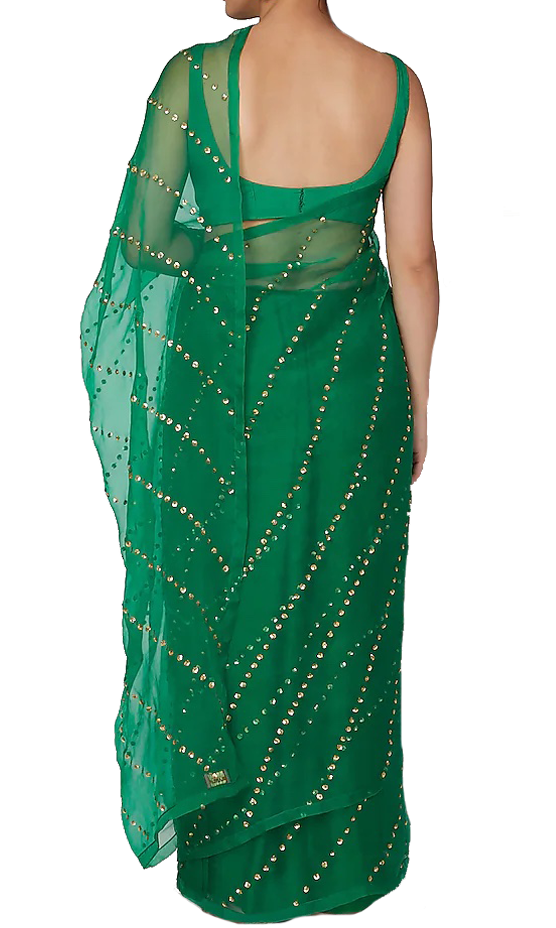 Pre-pleated emerald green saree by Rania with silk organza base, adjustable Blouse & Matching petticoat