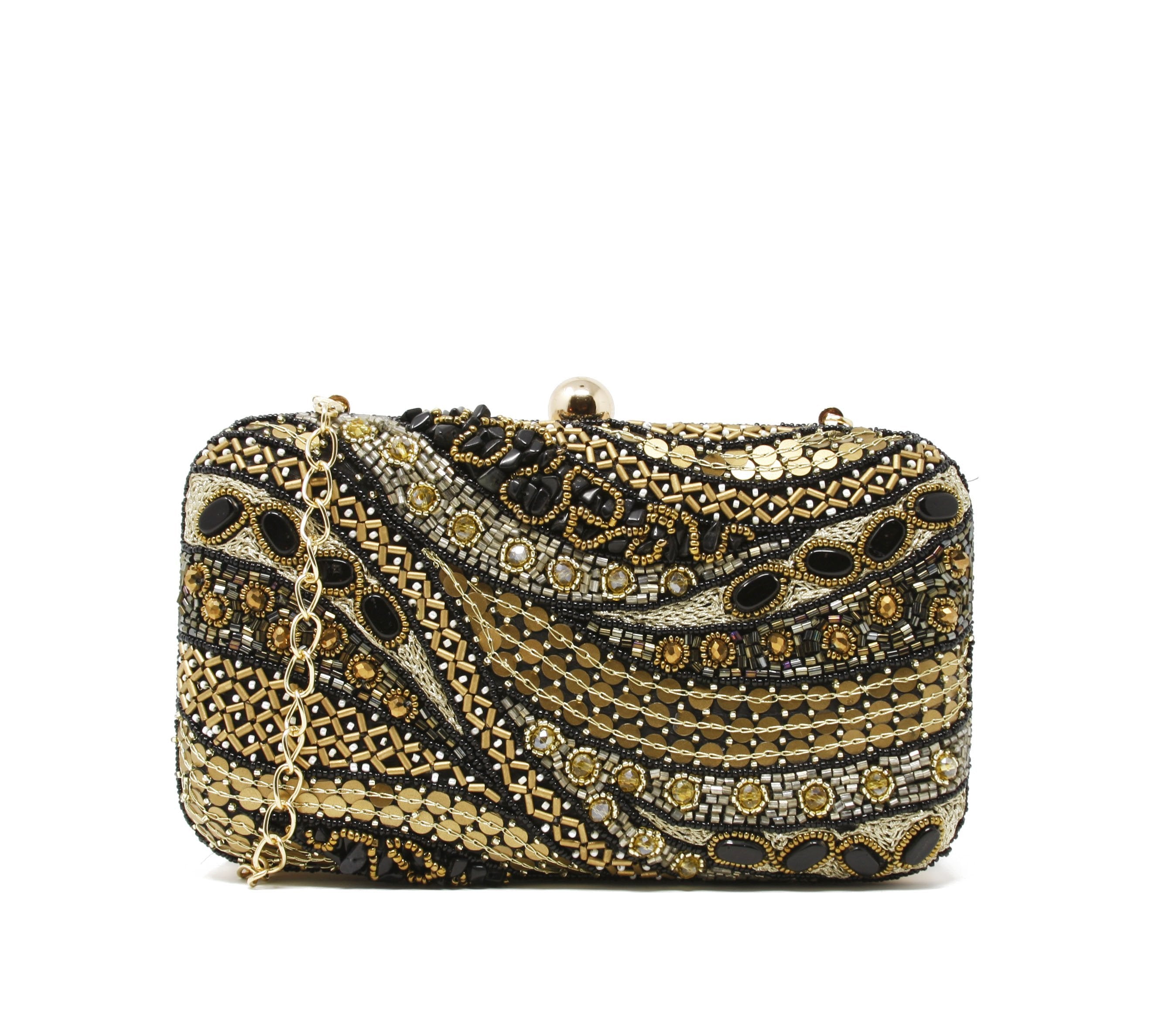 Evening bag with heavy embroidery with beads, stones, and sequins included inside pocket.