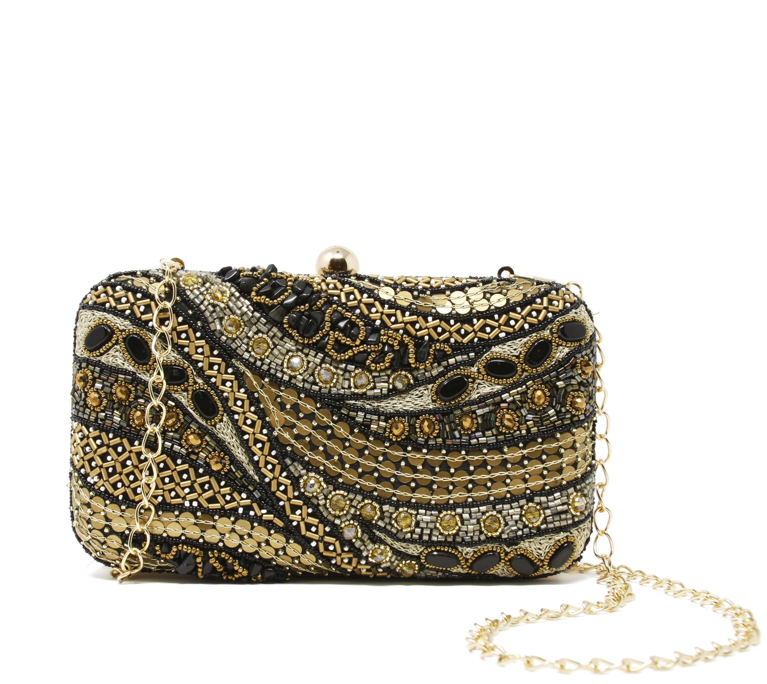 Sparkly gold and black clutch evening bag with back plain black woven fabric.