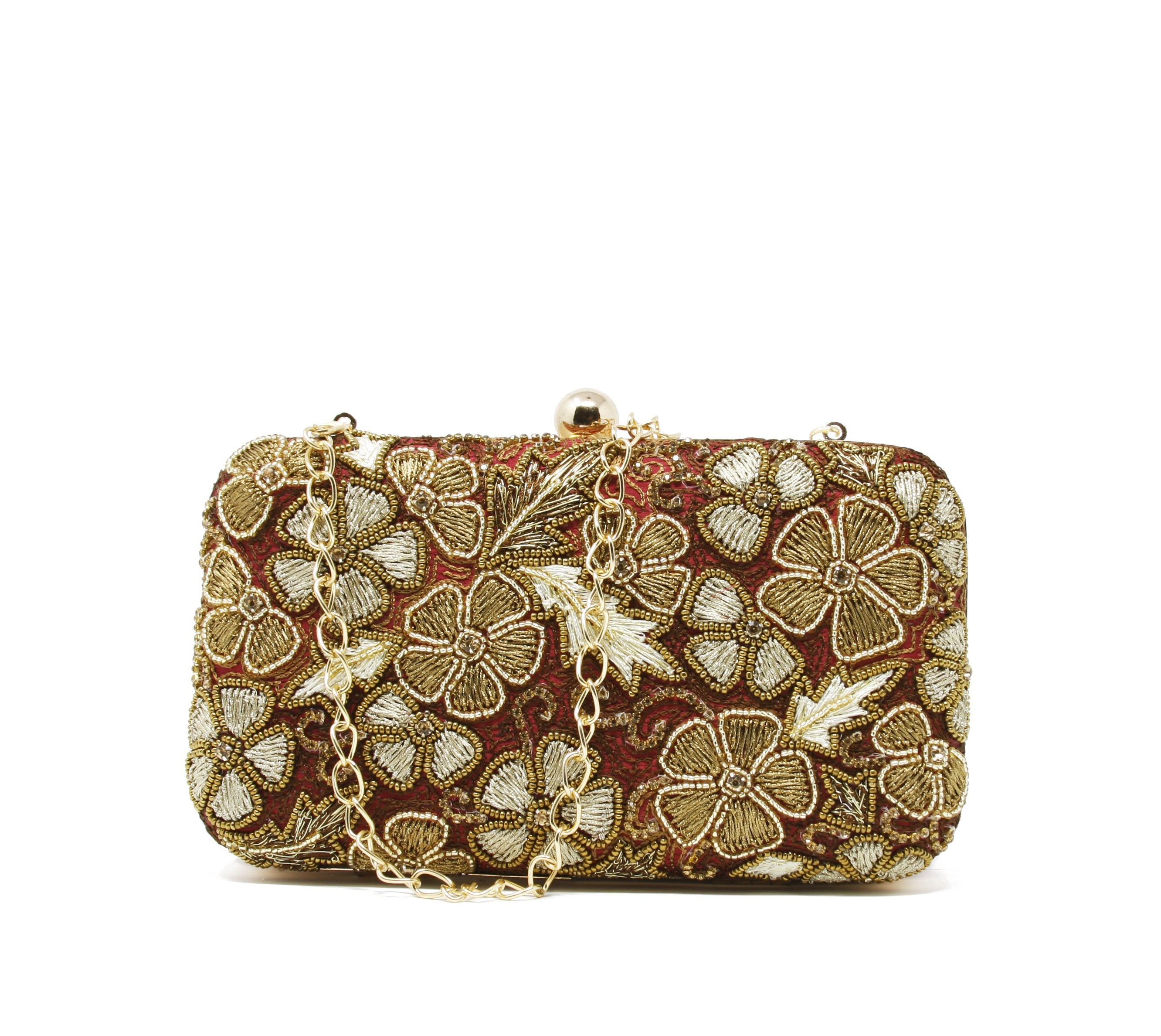 Red and gold clutch with beads, stones, and sequins embroidery & red woven fabric back
