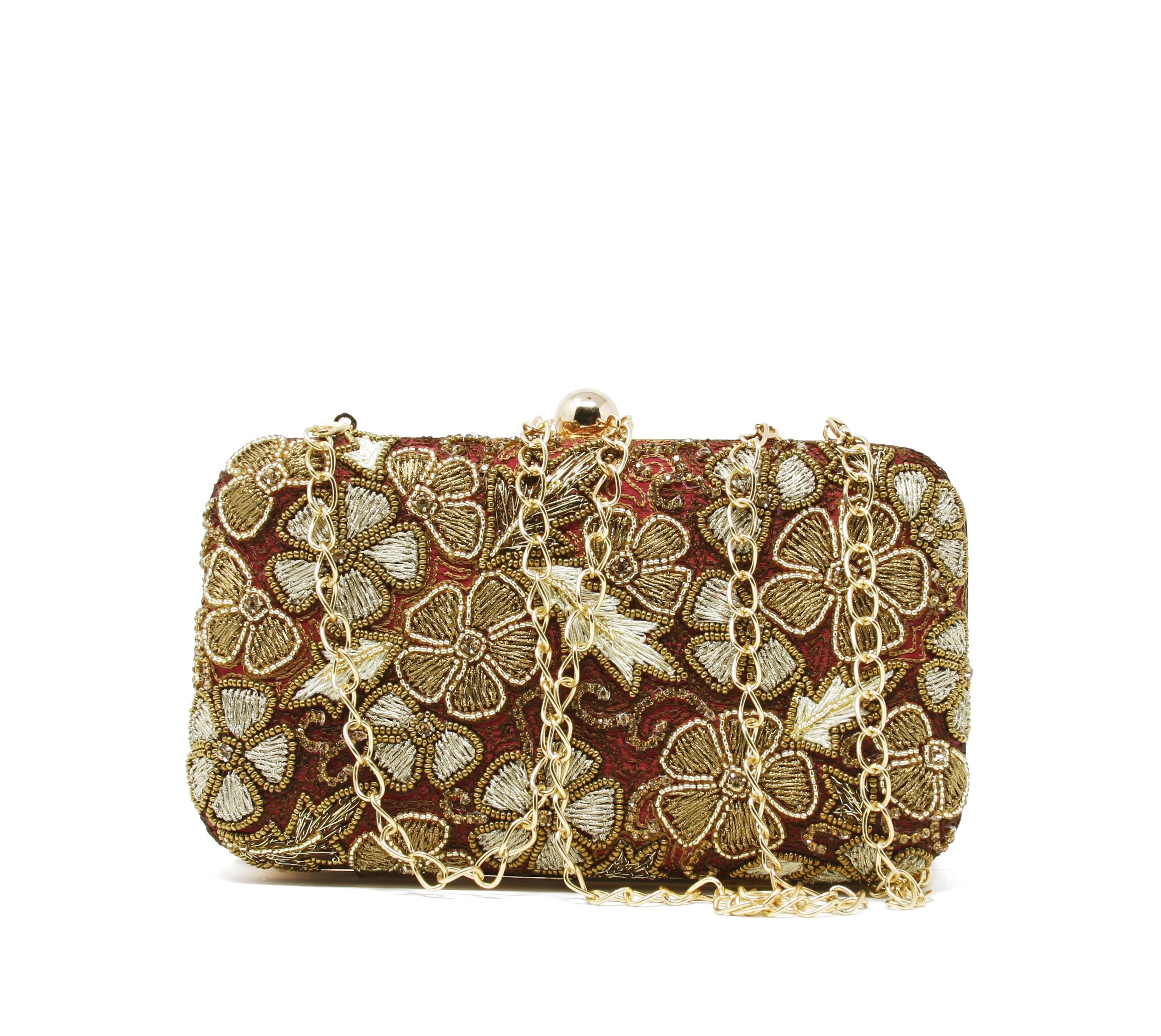 Red & gold clutch with beads, & sequins embroidery, comes with Gold chain strap for crossbody weear
