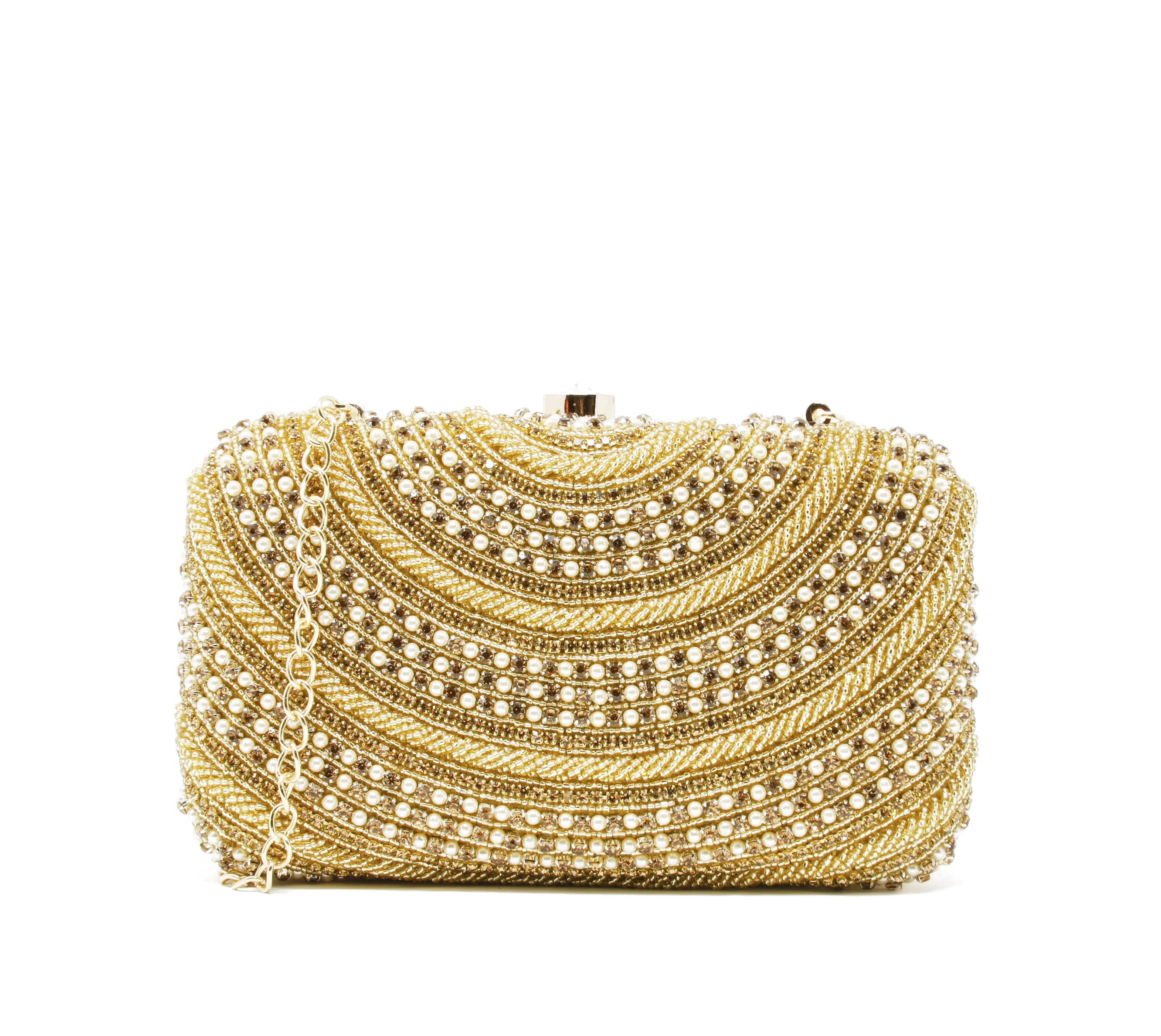 Ivory and gold clutch heavily embroidered with fold-over clasp closure