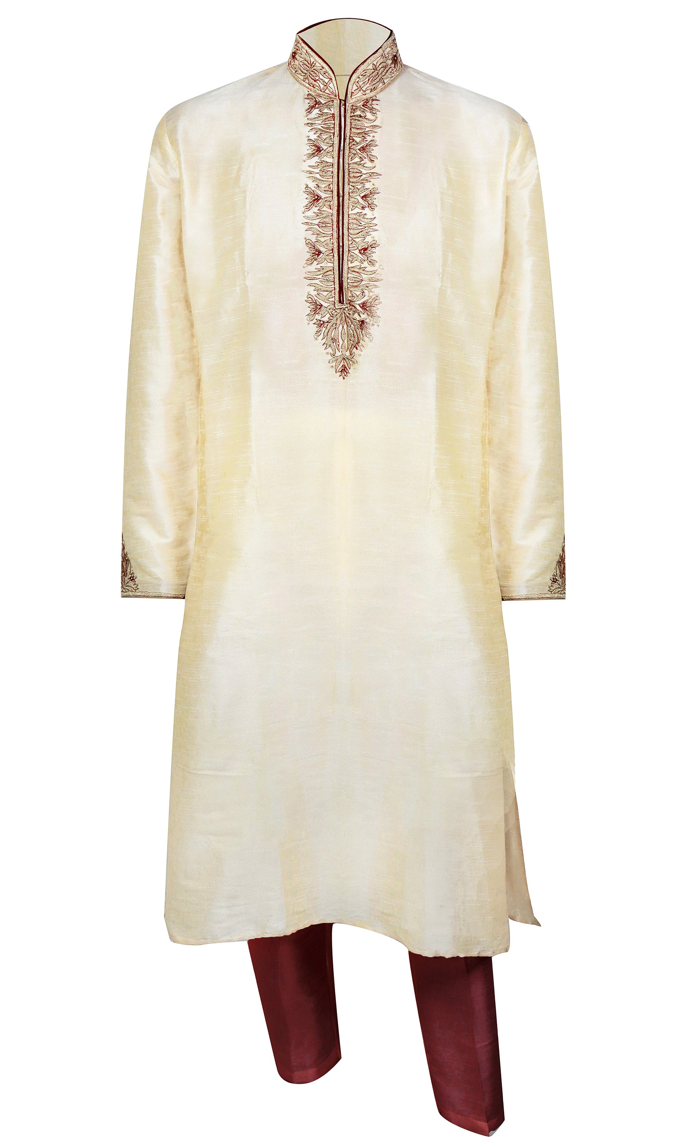 Get Agrabah vibes in classic beige silk Kurta with charming red and gold threadwork through the center.Paired with your choice of a red or gold pant