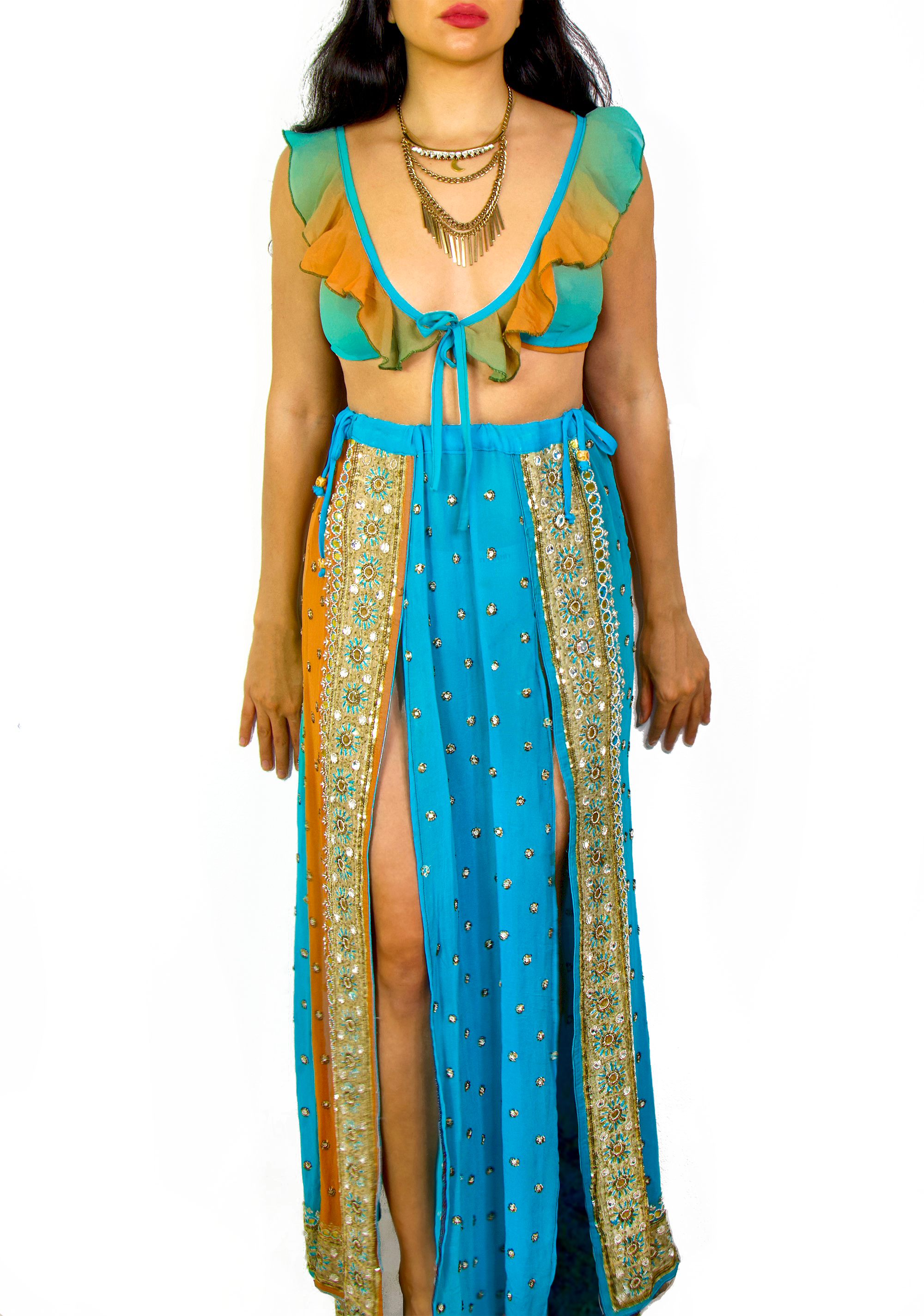 Athalia Two piece Fully lined & handmade vintage fabric dress in blue & orange color perfect for a Coachella outfit.