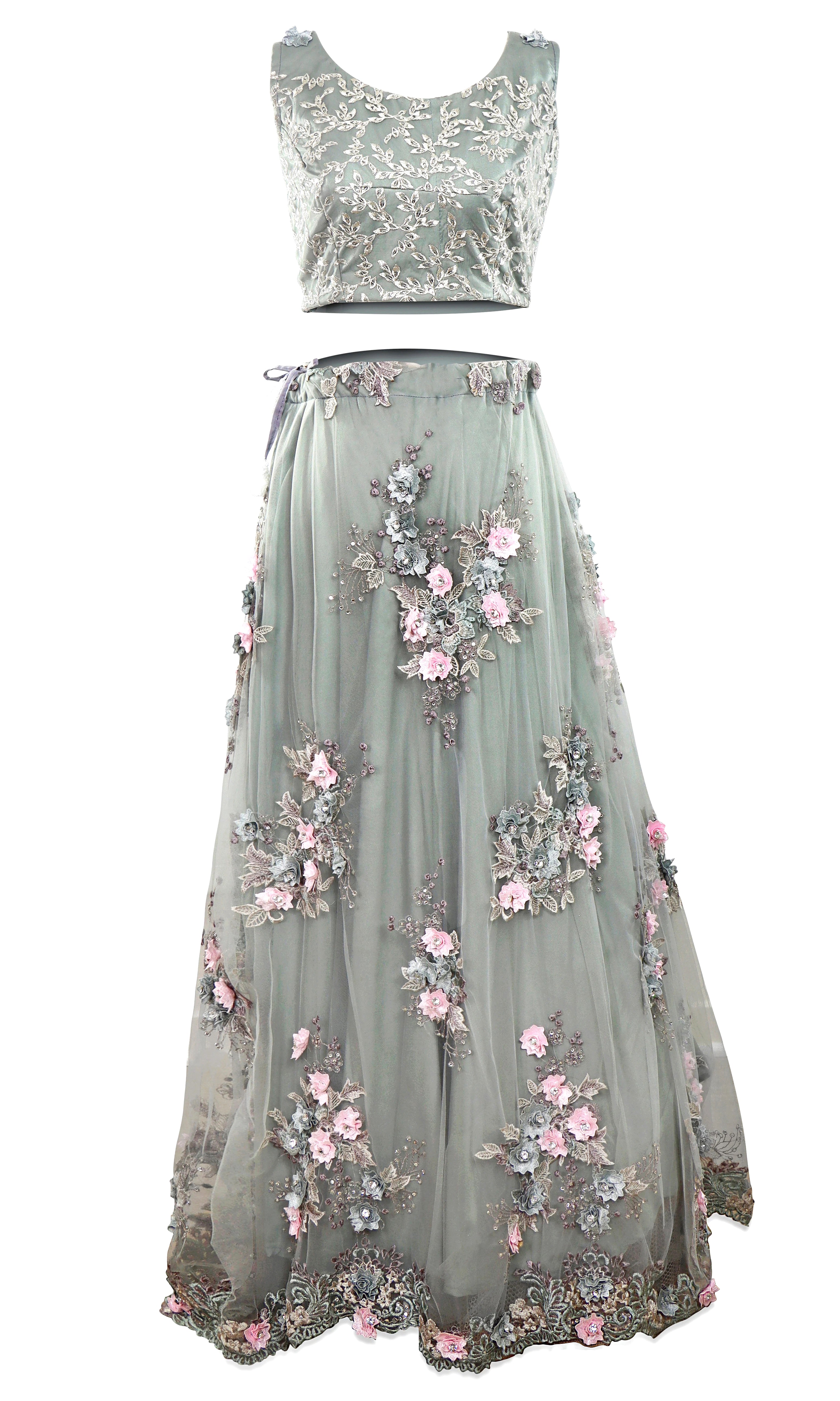 Gray net dress garnished with bouquets of floral appliqué, silver embroidery Blouse & net dupatta