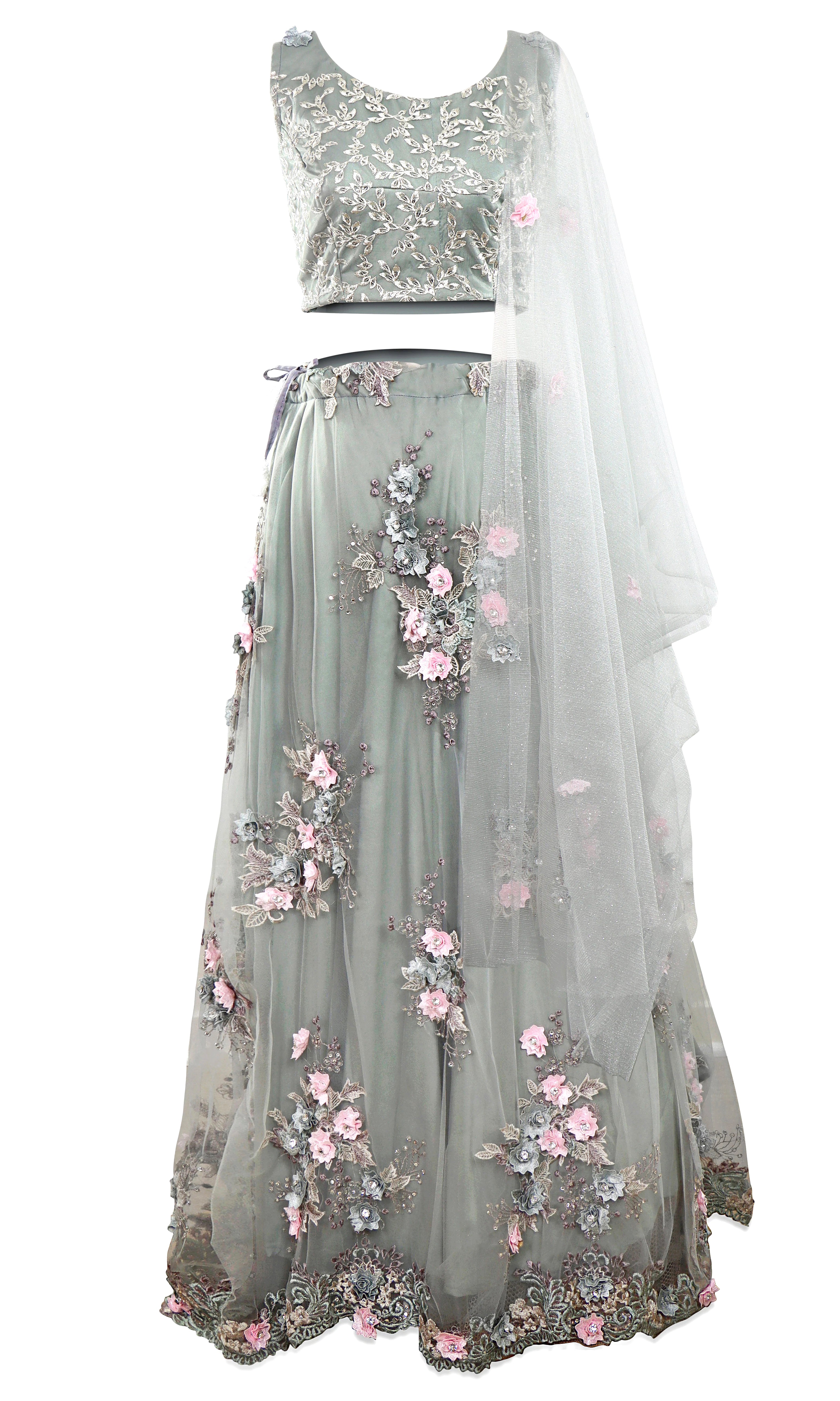 Gray net dress garnished with bouquets of floral appliqué. Beautiful blouse with silver embroidery.