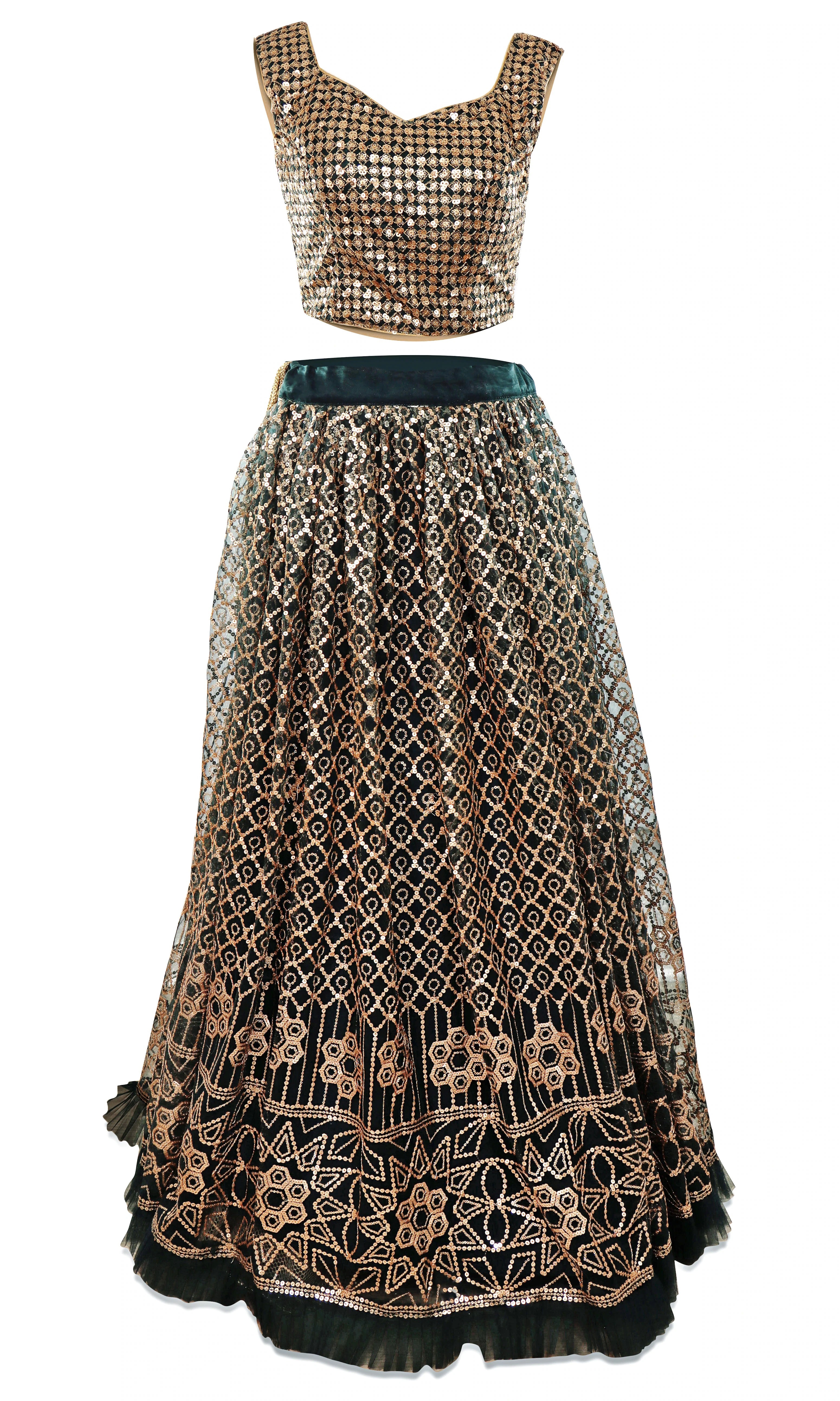 Forest green lehenga with gold/champagne sequins and borders of the lehenga decorated with pearls.