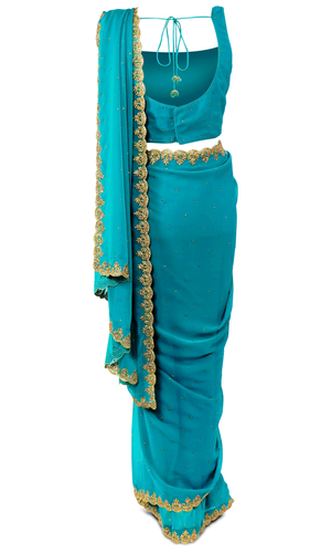 Simple, elegant, and eye-catching Cyan colored pre-stitched saree with gold embroidered borders.