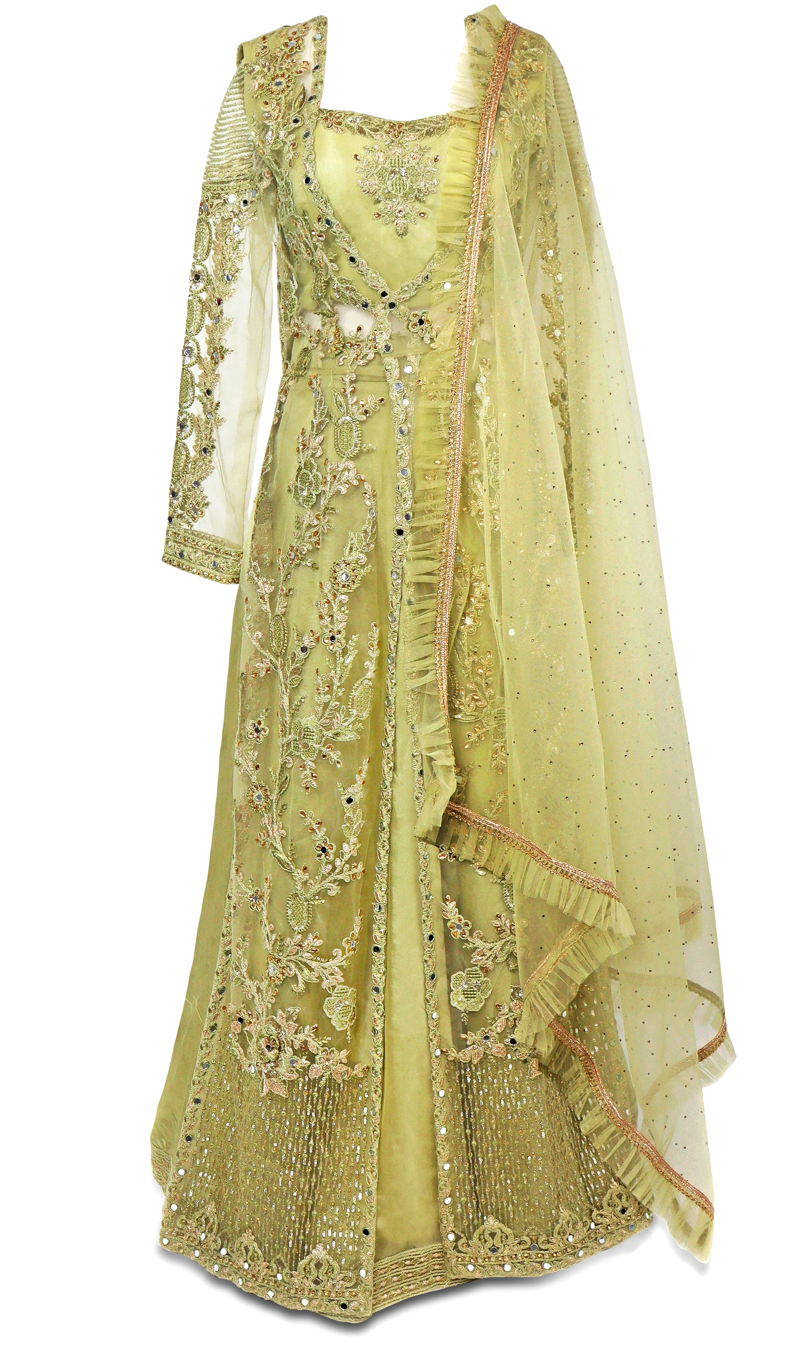 4 piece shimmering lime green Anarkali Lehenga with embroidery, rhinestones, and delicate mirror work