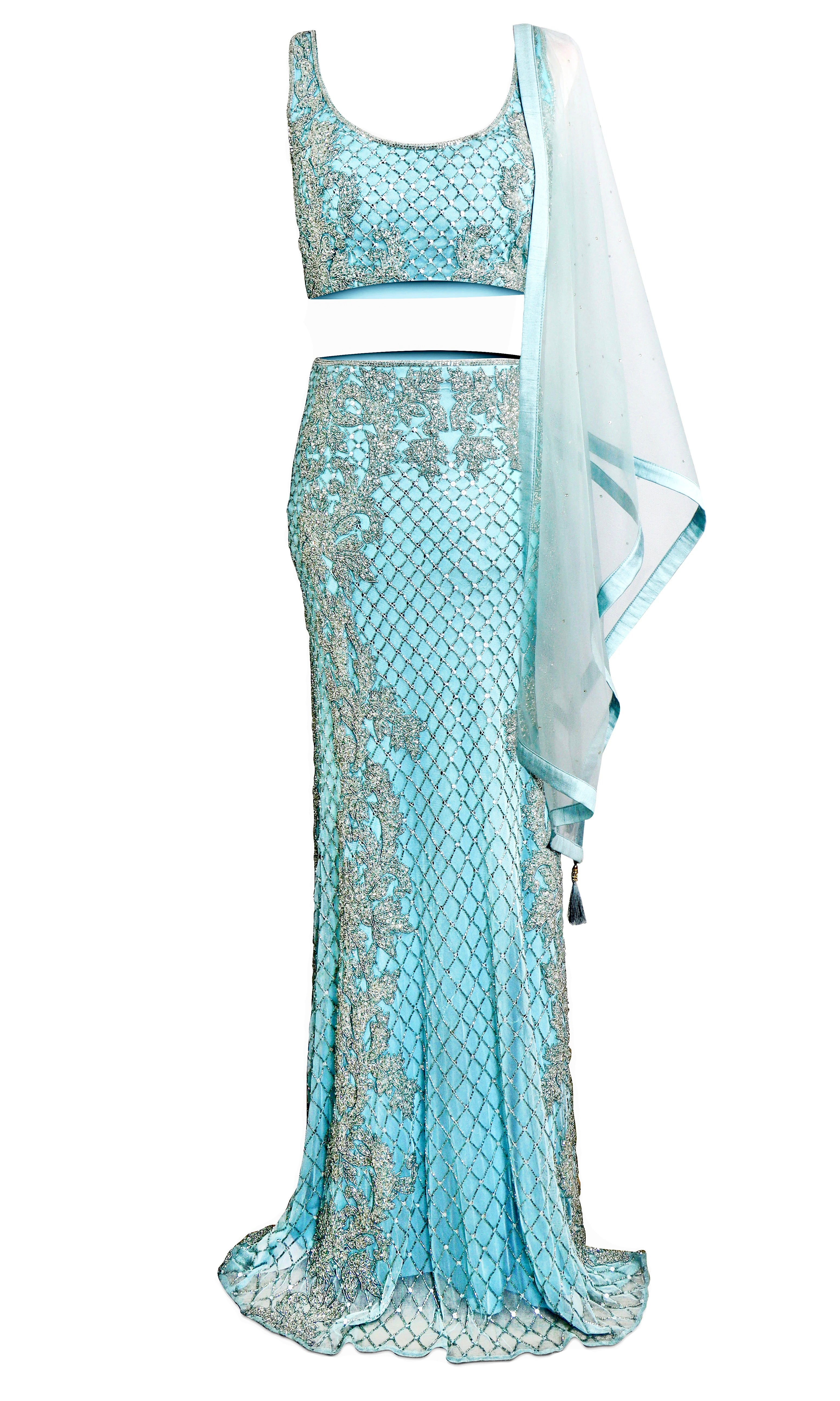 Light blue mermaid-style lehenga by Sherri Hill covered in shimmering silver beads
