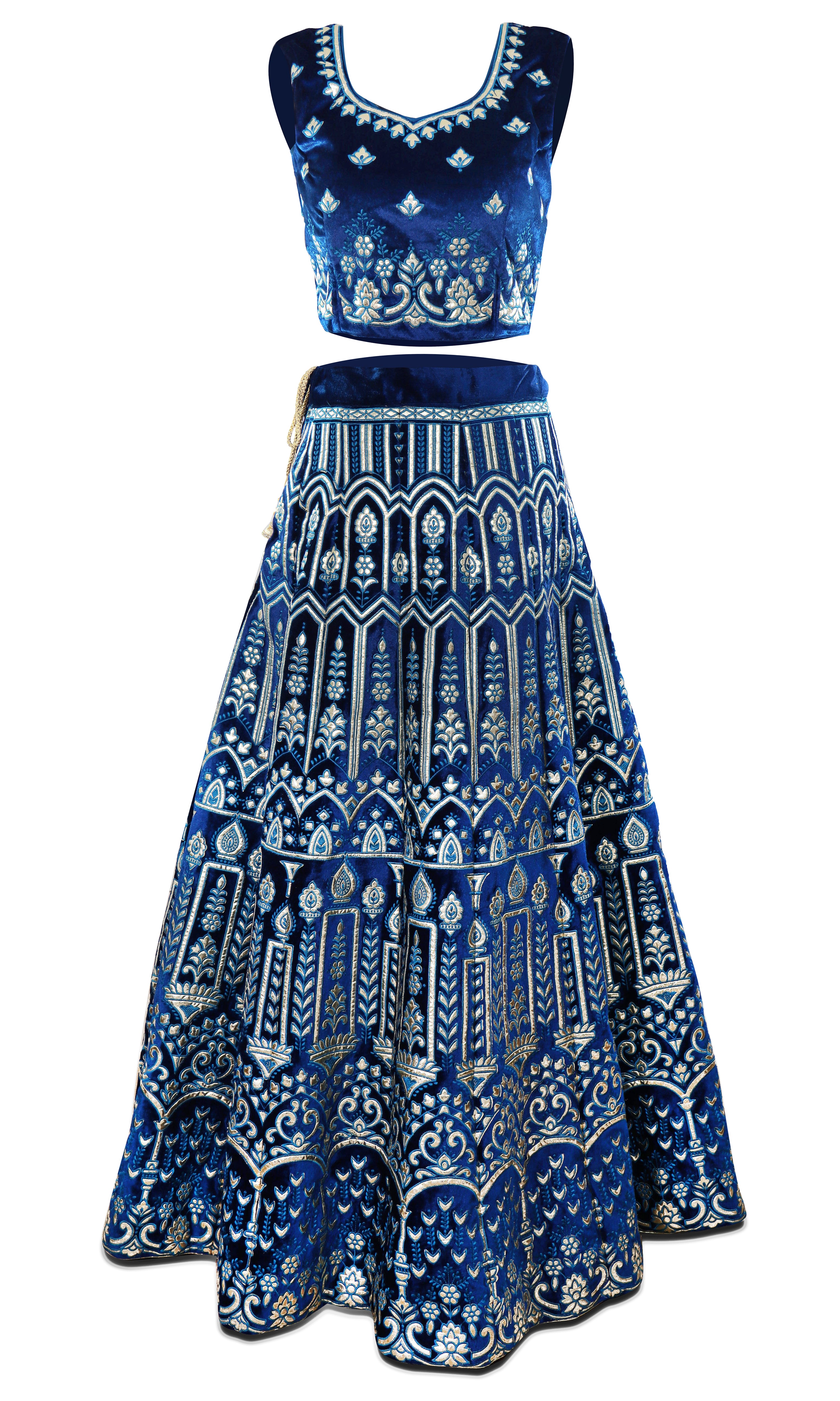 Blue velvet A line lehenga with light pink net dupatta embroidered with floral patterns