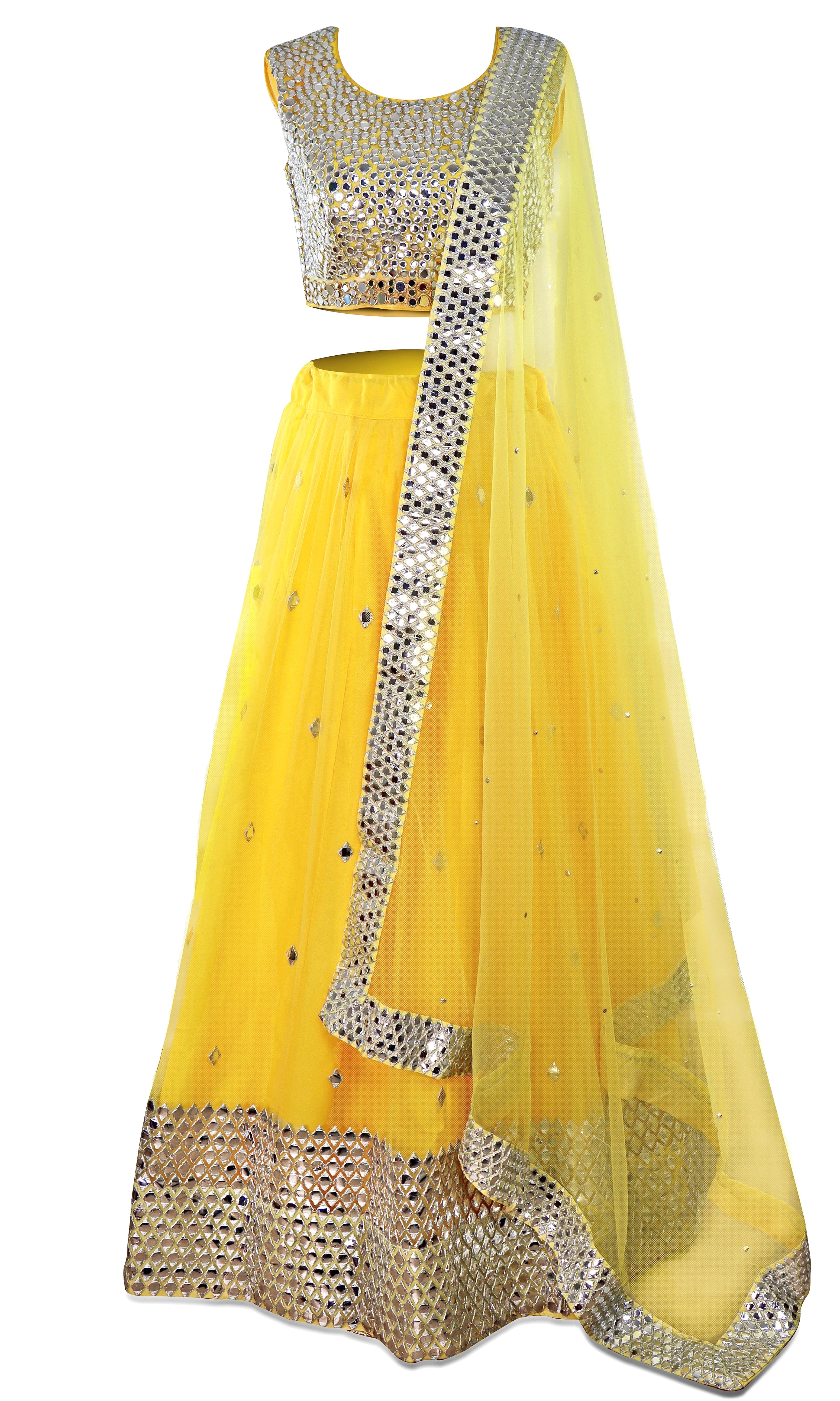 The skirt is is paired with a matching blouse and net dupatta and yellow lehenga!