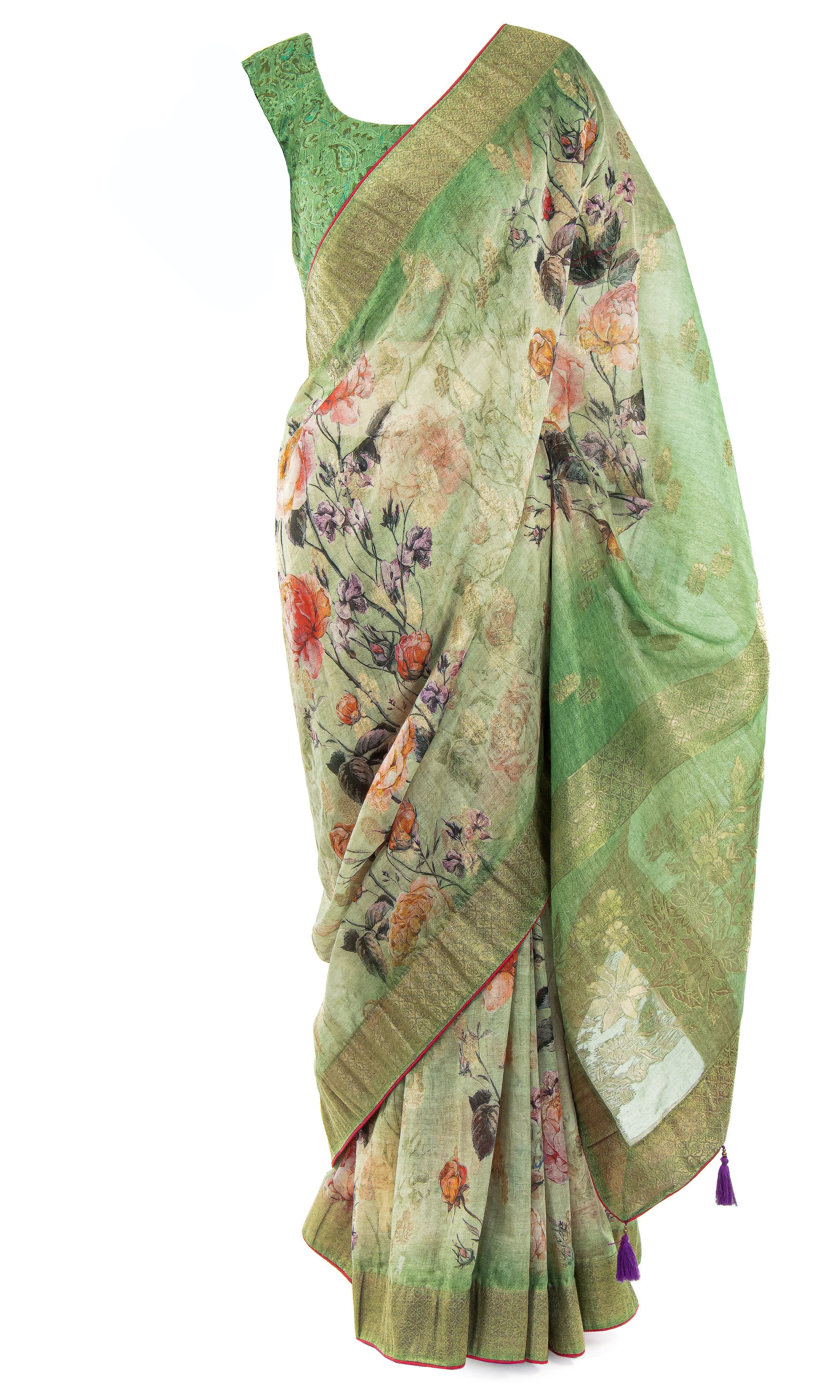 Breezy, Banarsari green Saree with stunning pink floral pattern all over & adjustable Blouse