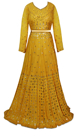 3 piece rich yellow color lehenga with mirror work embroidery all throughout