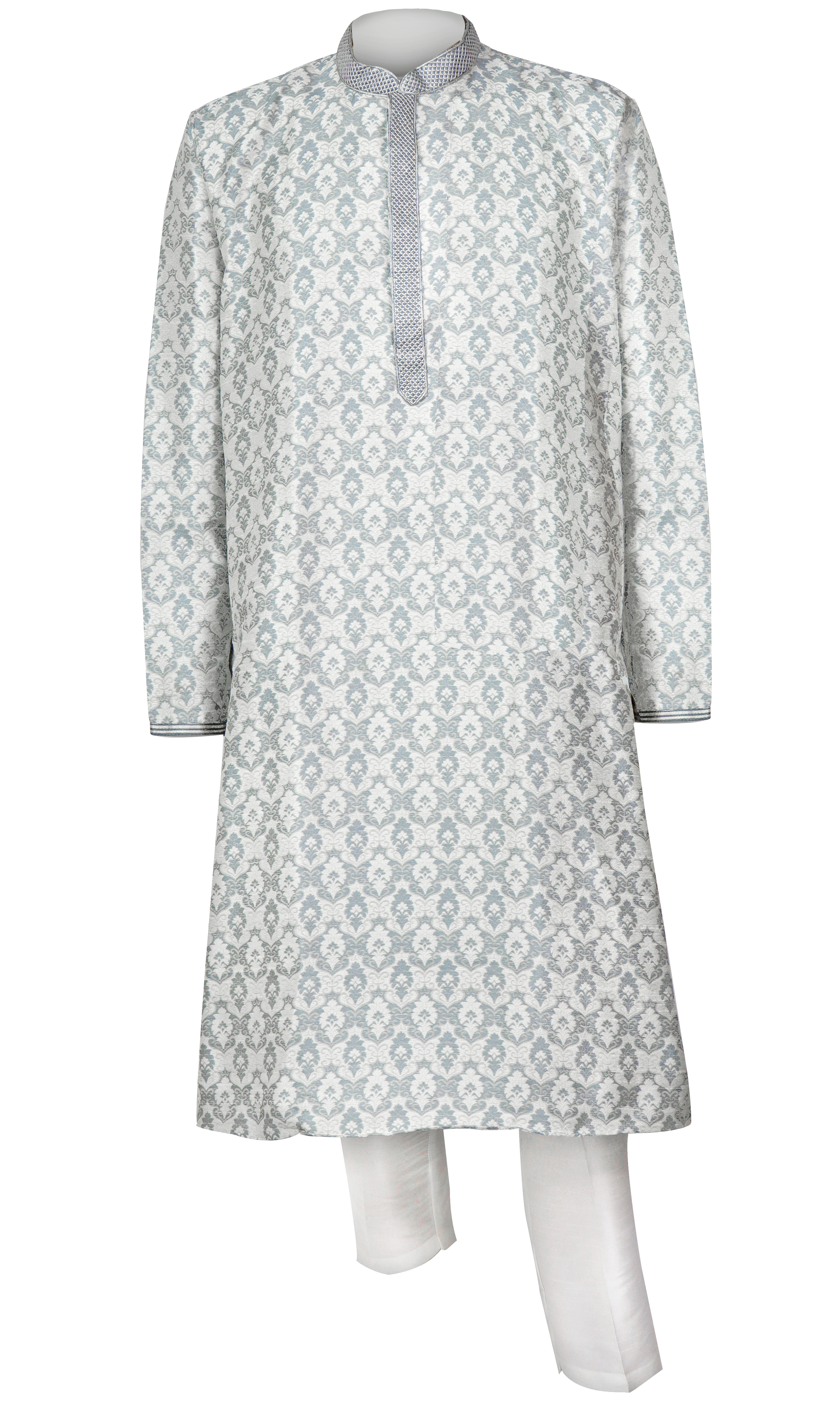 This classy kurta is a statement piece with the simple white/gray color. Own pair of pants if you prefer!