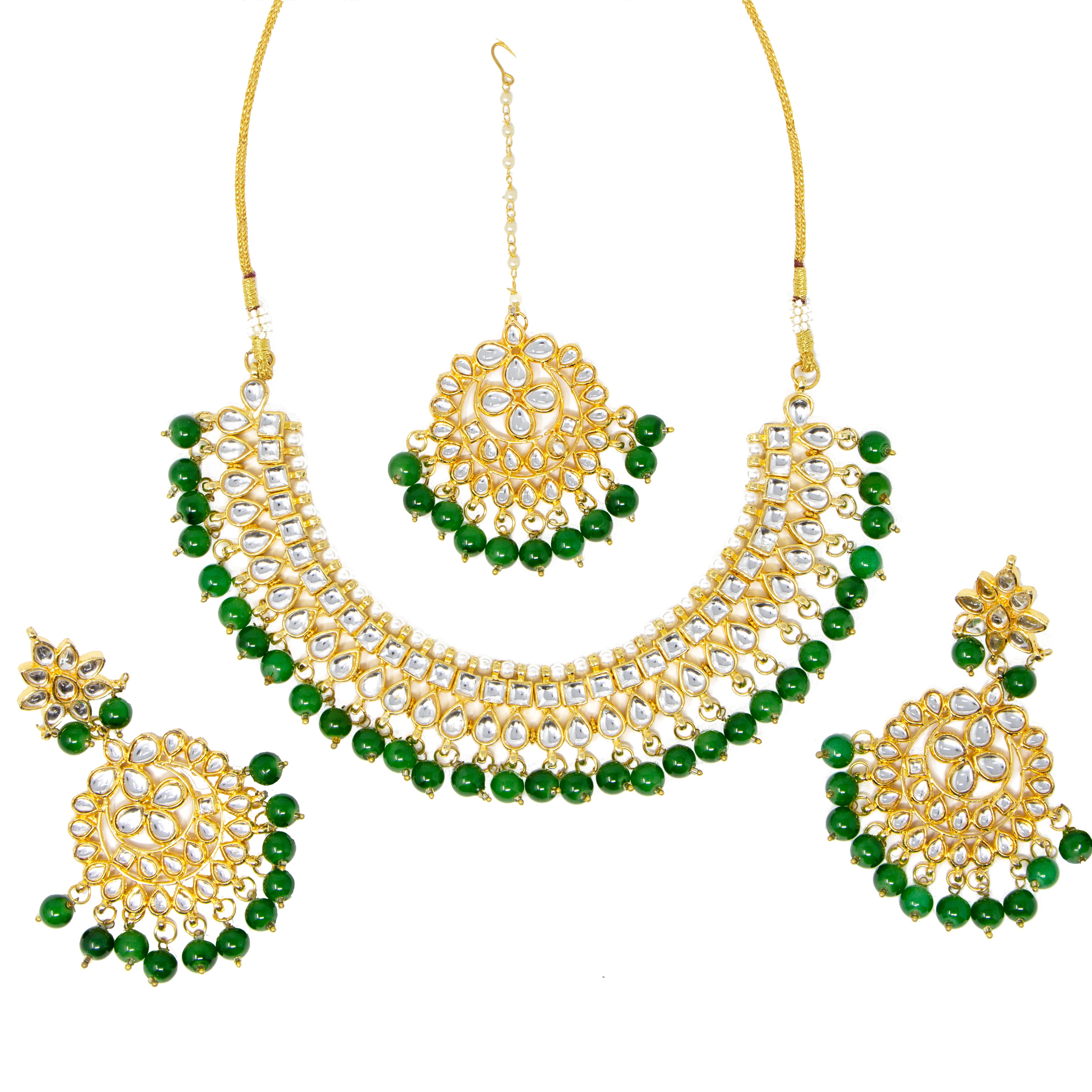 Gold, Silver & Green 3 piece Necklace with earrings and bindi