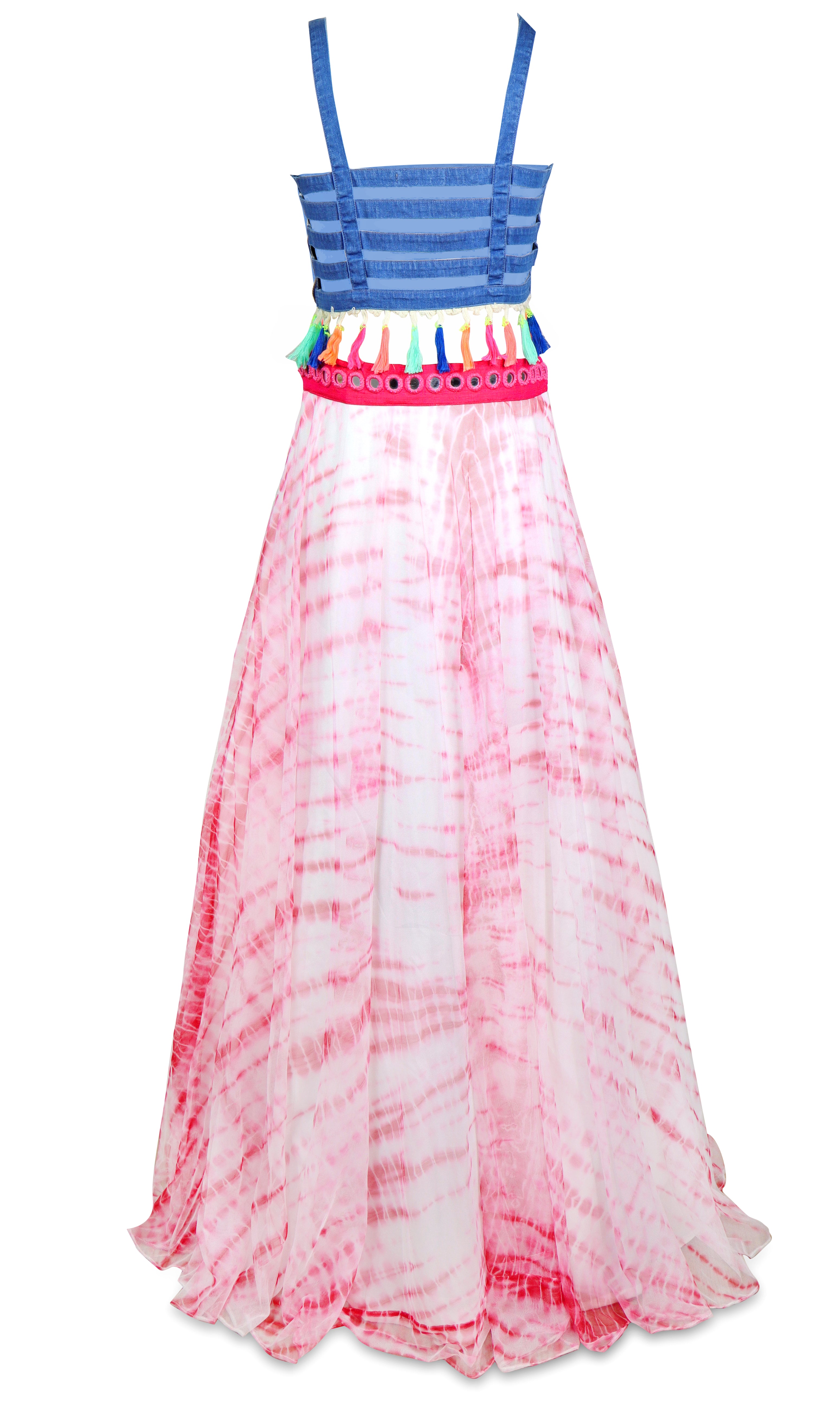 The back of the blouse is open and has room for some stretch. skirt is pink and white tie dye and the material is super flowy.