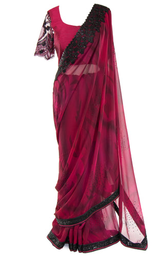 Get ready to be wined and dined. Magenta Saree is pre-pleated,Blouse is adjustable.