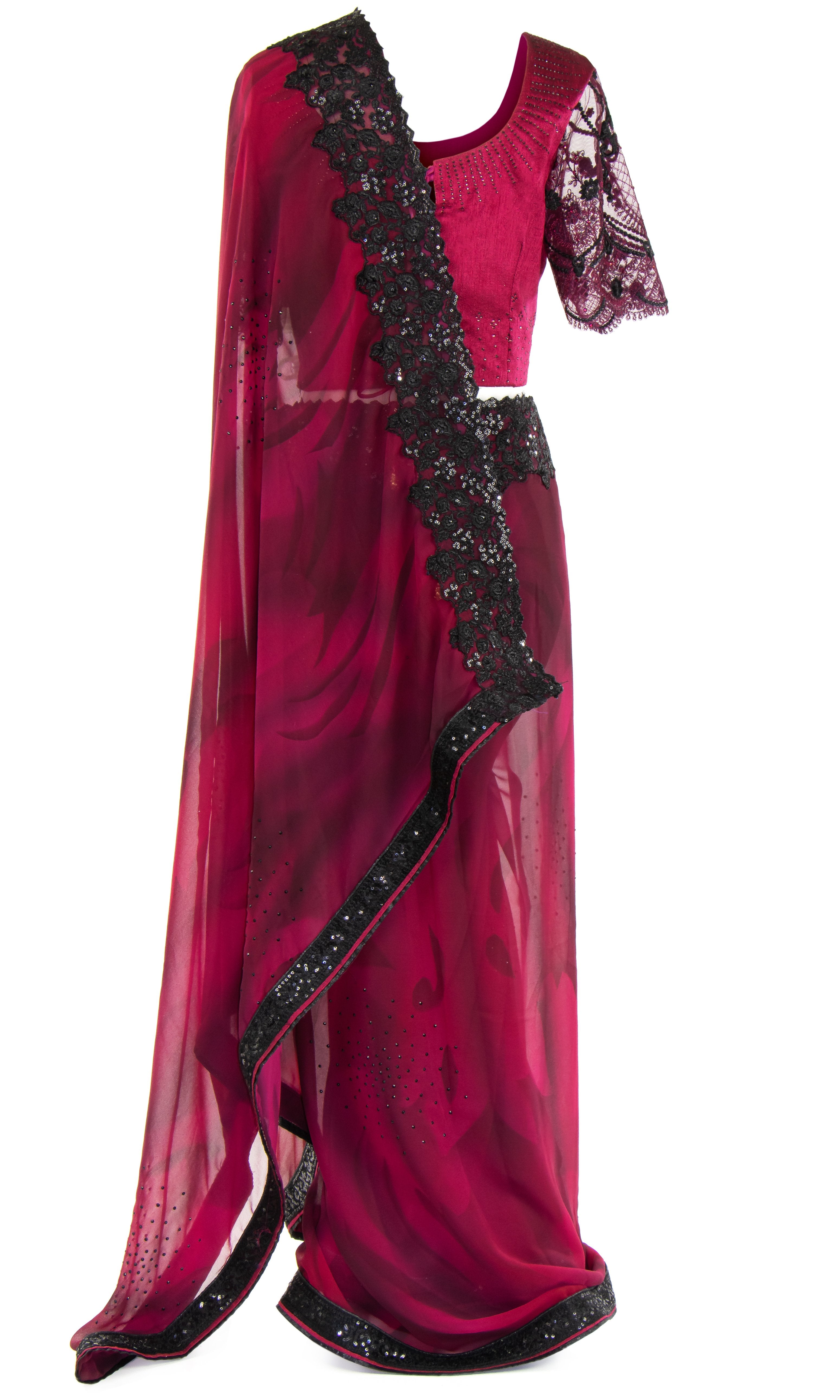 A classic magenta blouse is taken up a notch with see-through scalloped lace sleeves embellished with sequins.