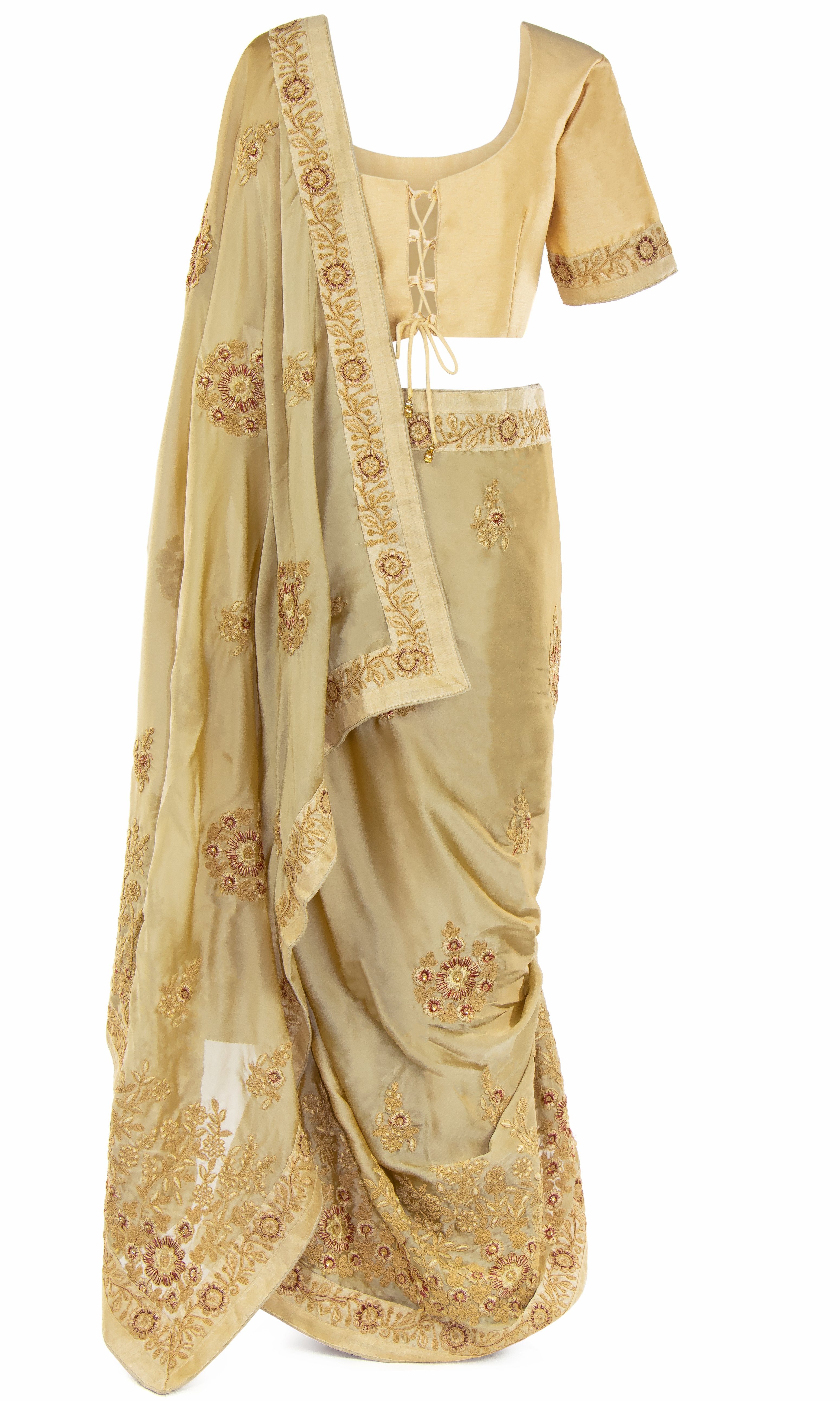 Silky-smooth beige Classic satin silk top paired with a matching Saree & embellished with gorgeous gold stonework.
