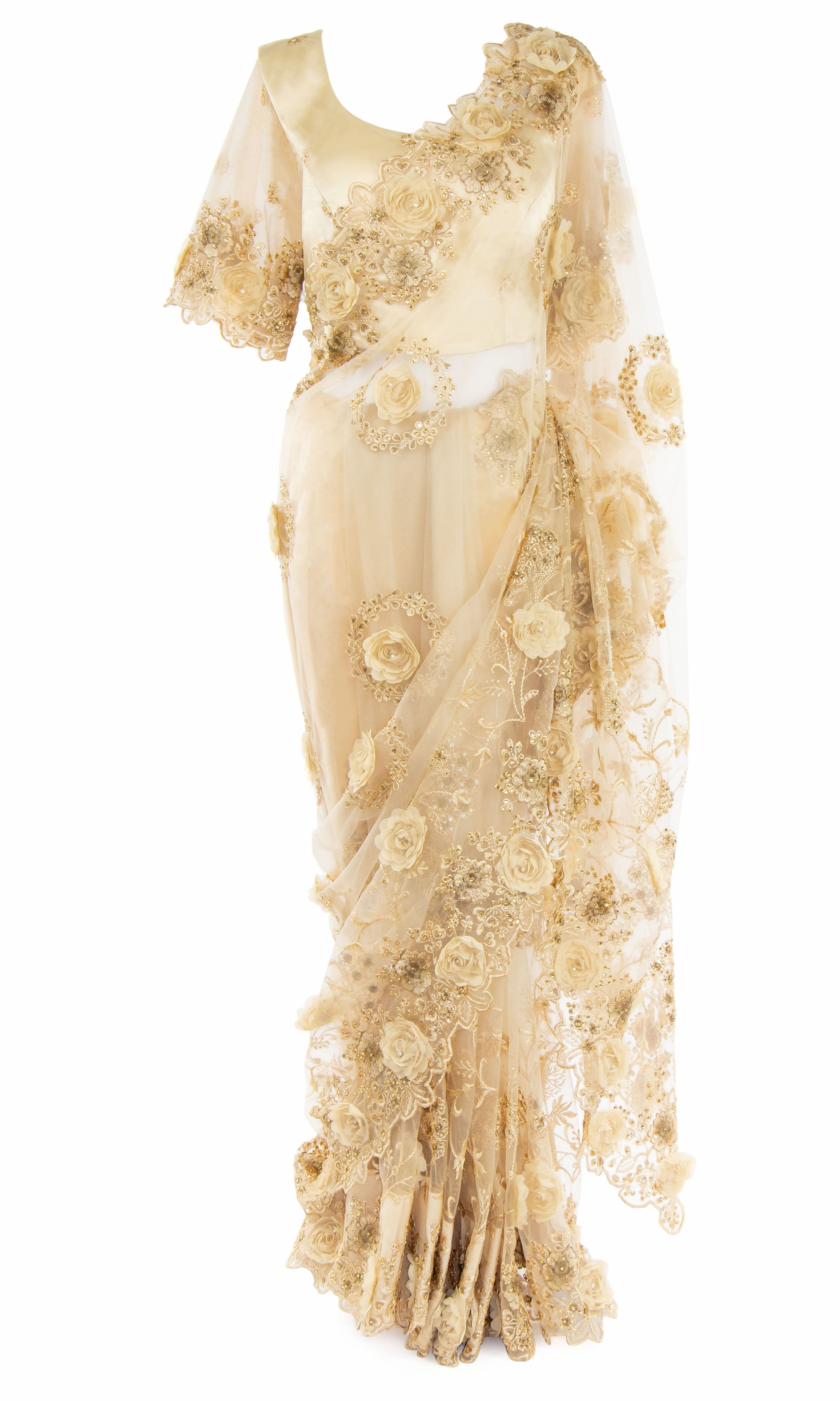 Pre-pleated beige net Saree with 3D flowers diamonds includes Matching petticoat & adjustable Blouse