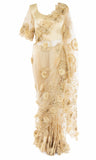 Pre-pleated beige net Saree with 3D flowers diamonds includes Matching petticoat & adjustable Blouse