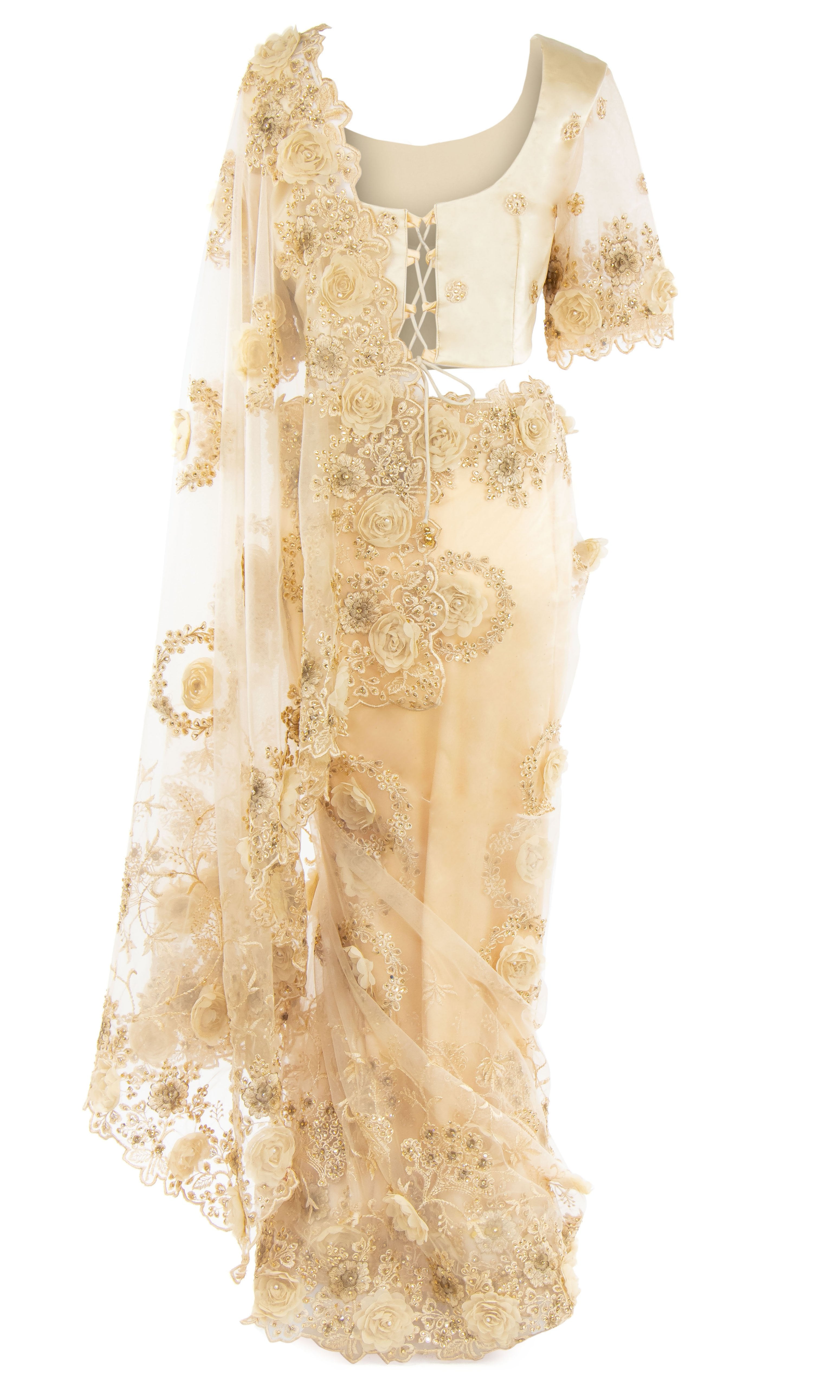 Readymade beige net Saree with 3D flowers diamonds includes petticoat & adjustable Blouse