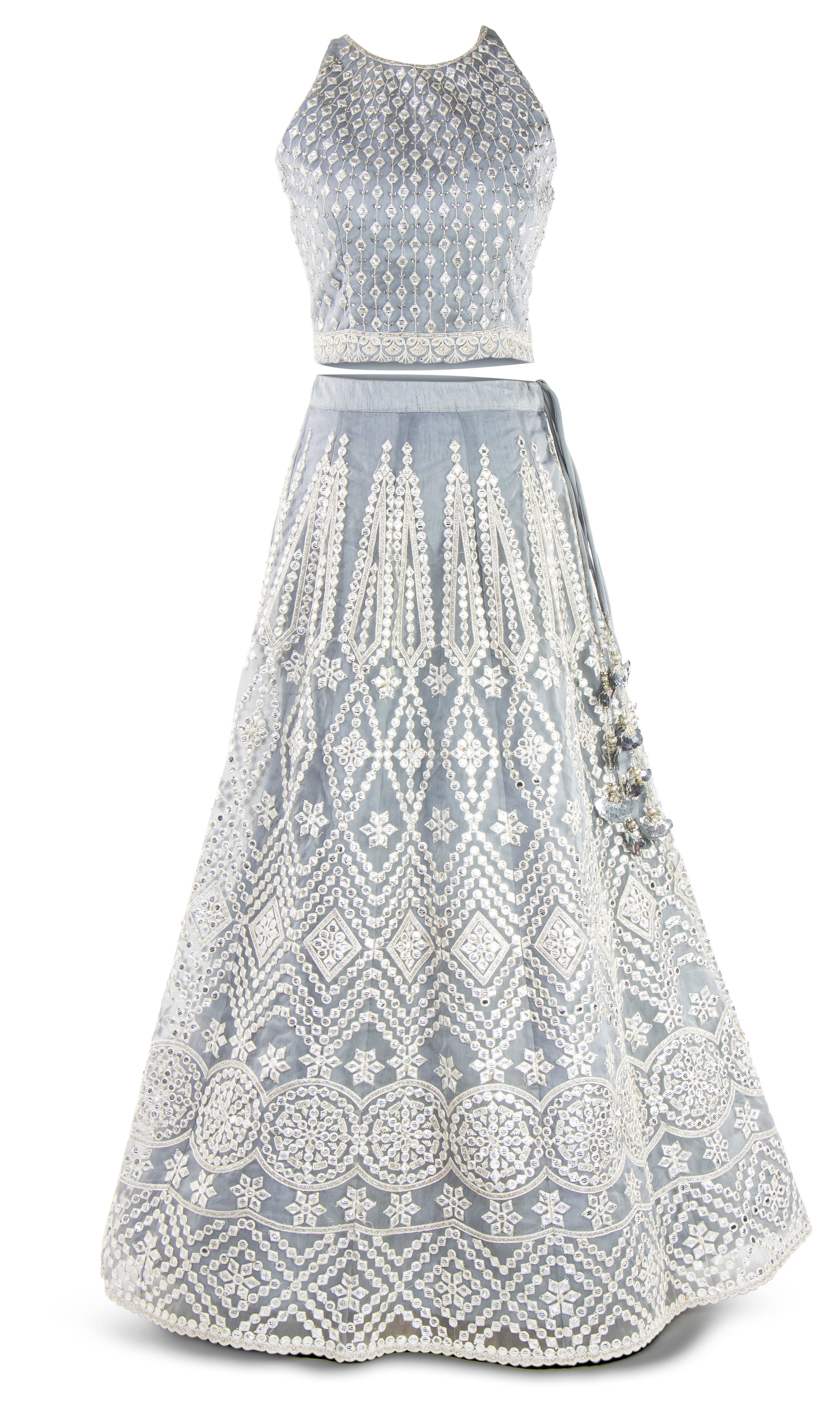 Organza top, A-line skirt, and grey lehenga with crystal embellishments.