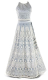 Organza top, A-line skirt, and grey lehenga with crystal embellishments.