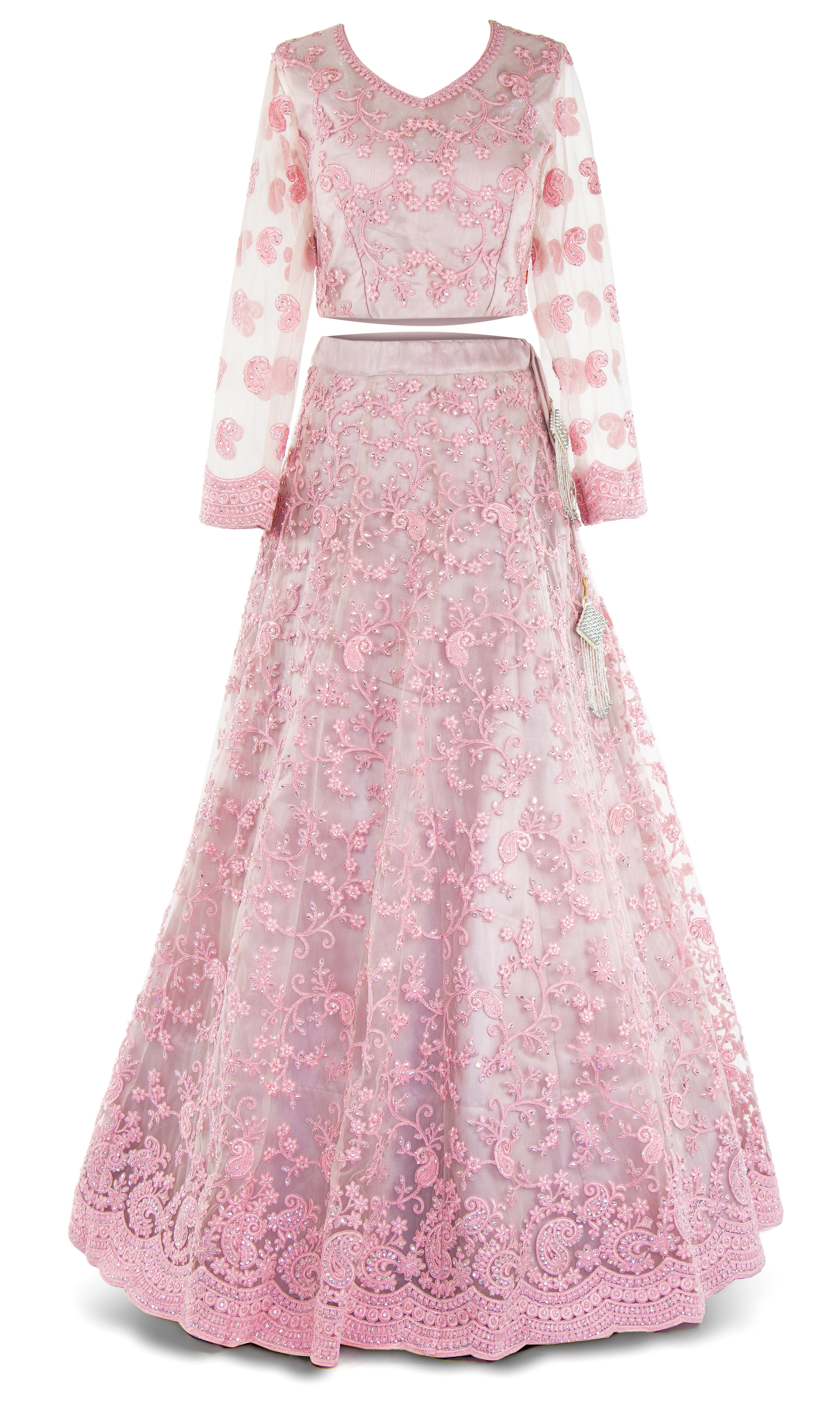 Satin silk lehenga with paisley and pink florals shimmering's & A- line skirt with an ornate embellished border.