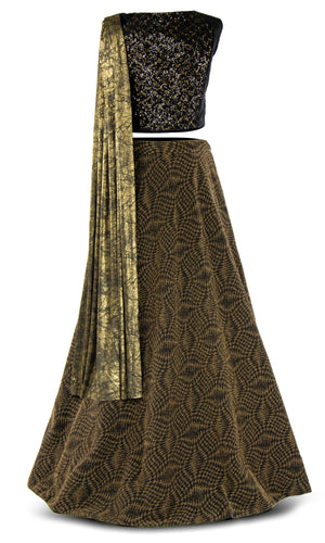 Black and gold sequined top & a gold cowl drape paired with a brown and gold patterned skirt