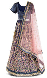 Navy silk lehenga with navy silk top & A-line skirt embroidered with pink floral