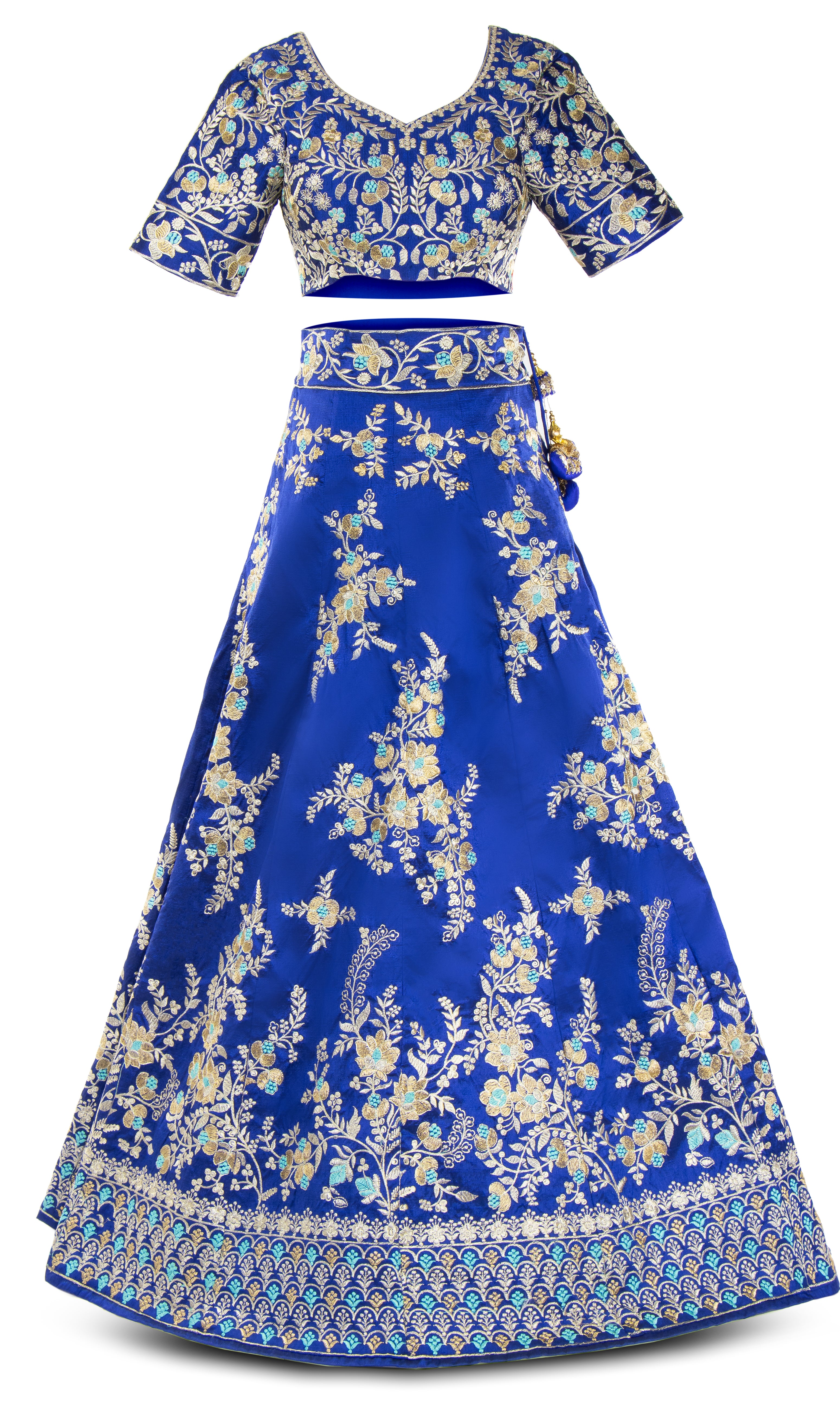 Gorgeous Heavily embroidered Blue legenga with matching skirt and white net dupatta