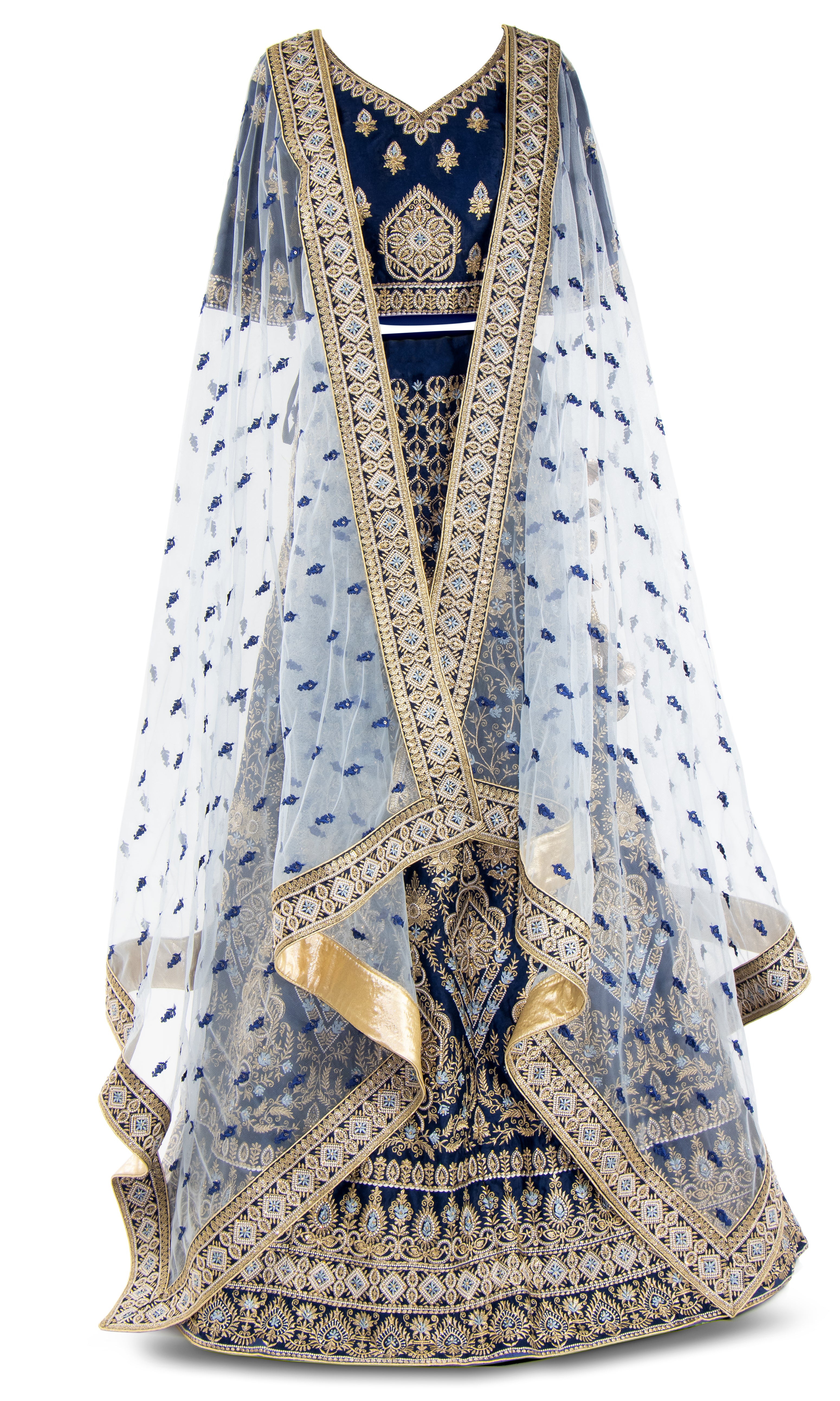Royal Blue Lehenga  top garnished with elegant gold threadwork and crystals.