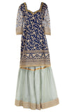 Gorgeous navy silk top paired with a gray palazzo pant